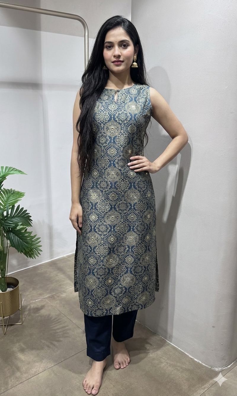blue printed silk KURTI WITH BOTTOM