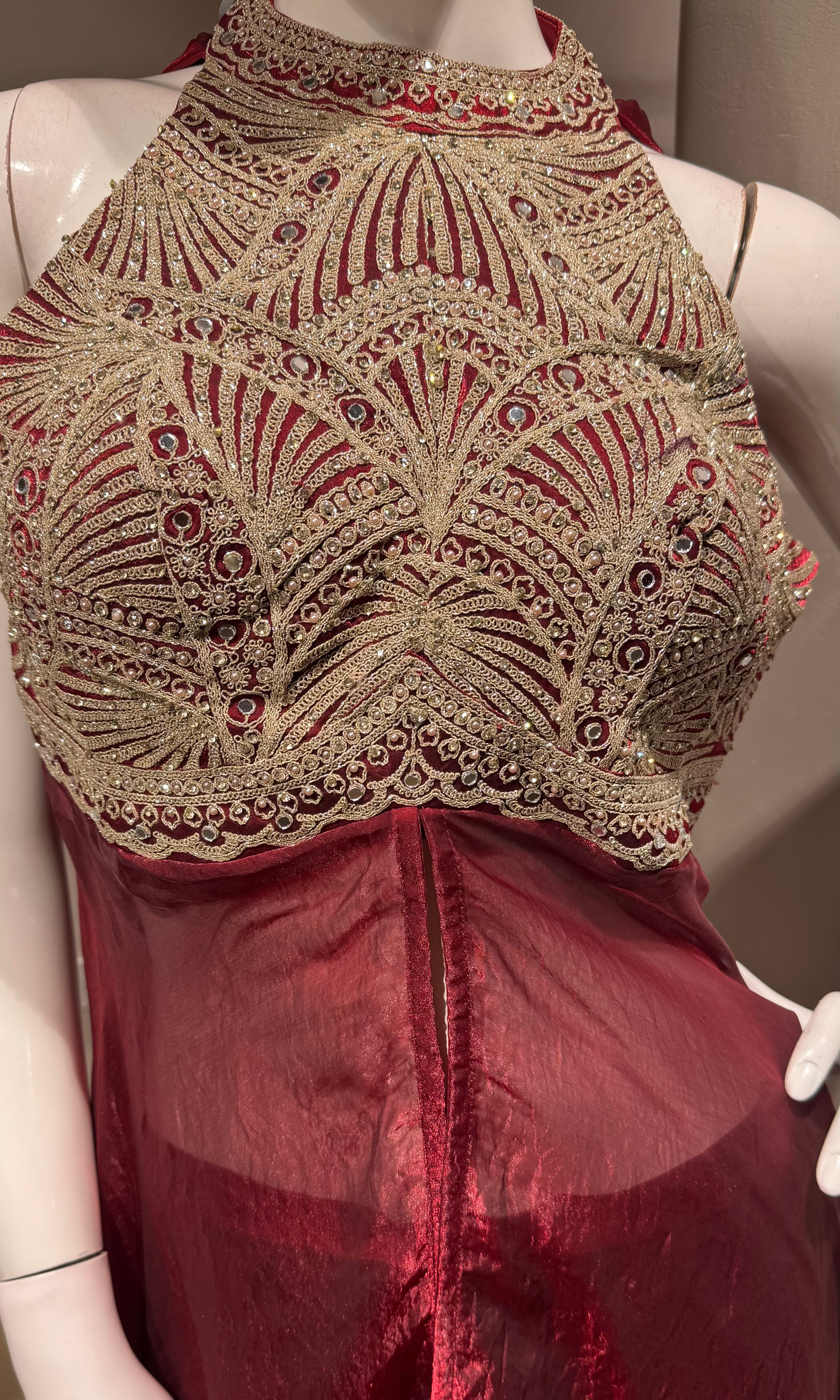 MAROON halter neck embroidered anarkali set