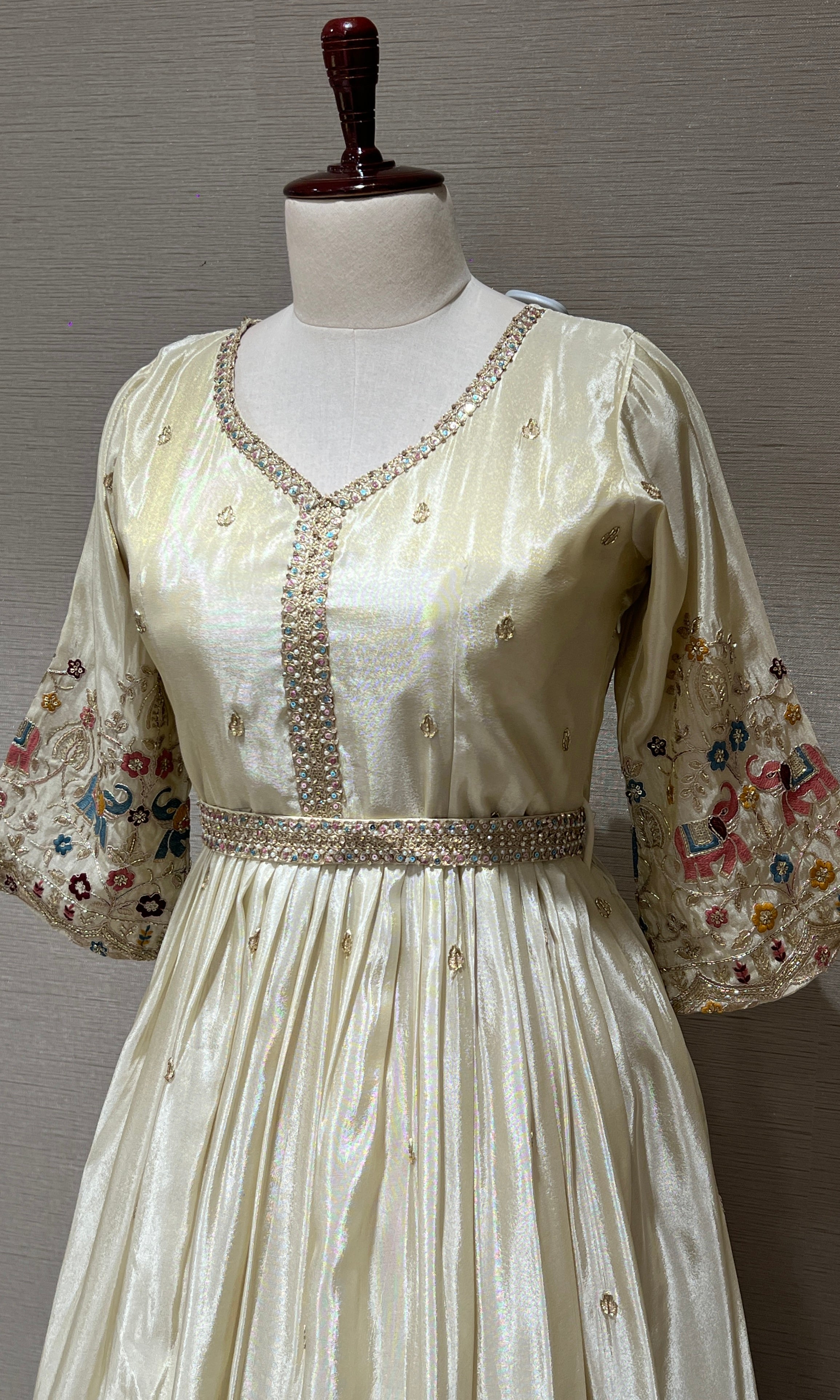 Elegant Cream Anarkali Long Gown with Floral Embroidery