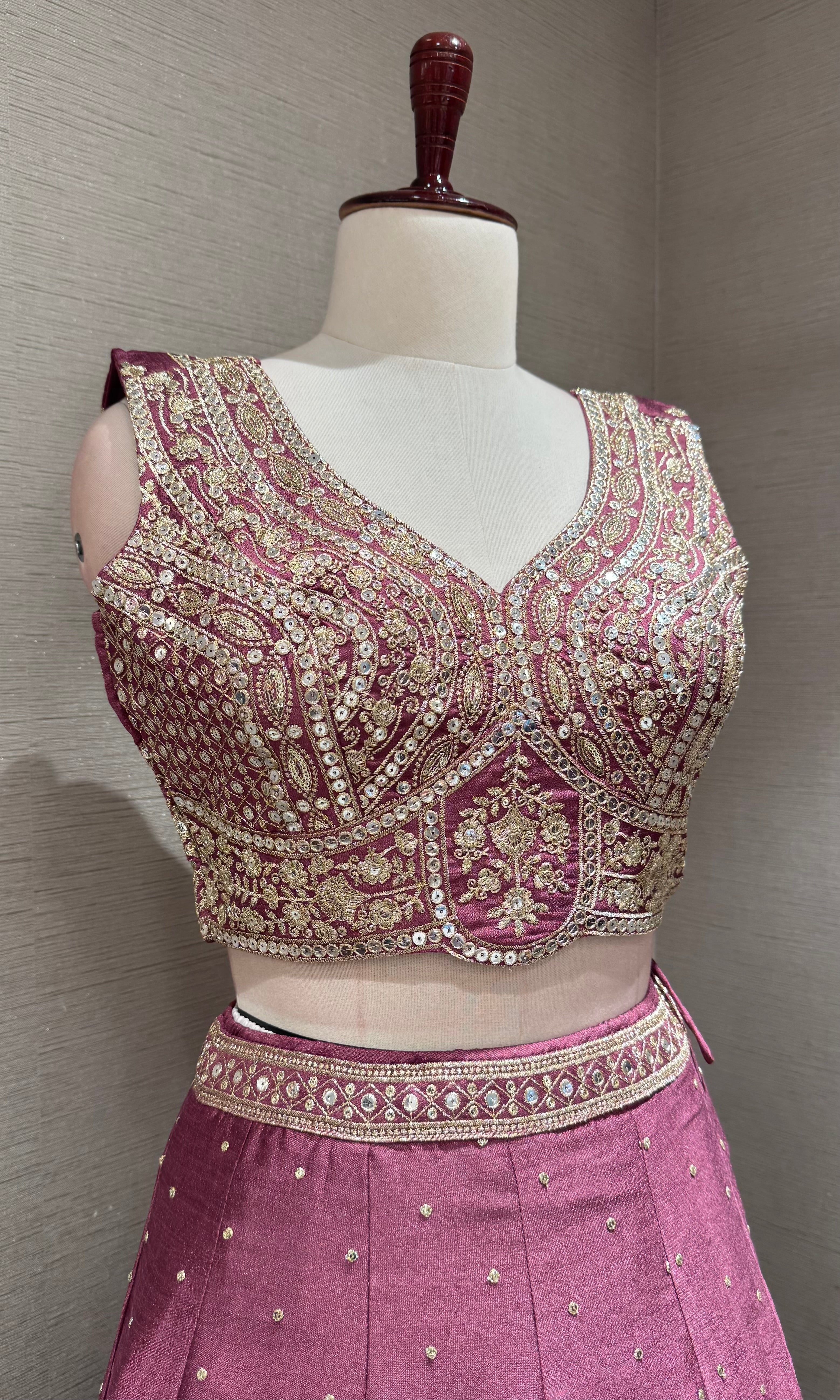 Wine Blossom Embroidered Crop Top Lehenga