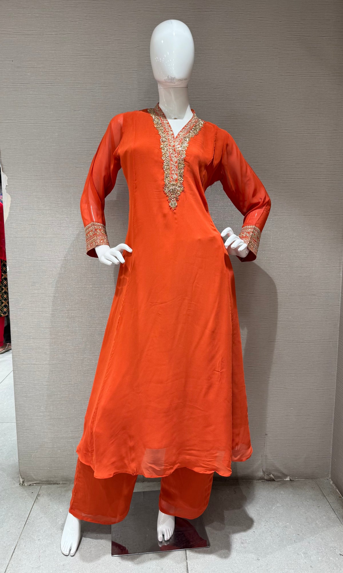 Orange Embroidered Cotton Kurta Set with Floral Dupatta