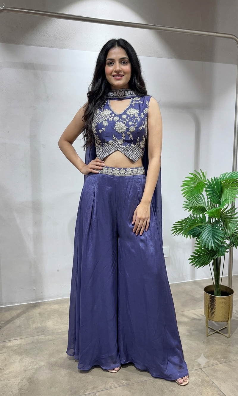 VIOLET Embroidered Crop Top WITH Palazzo Set