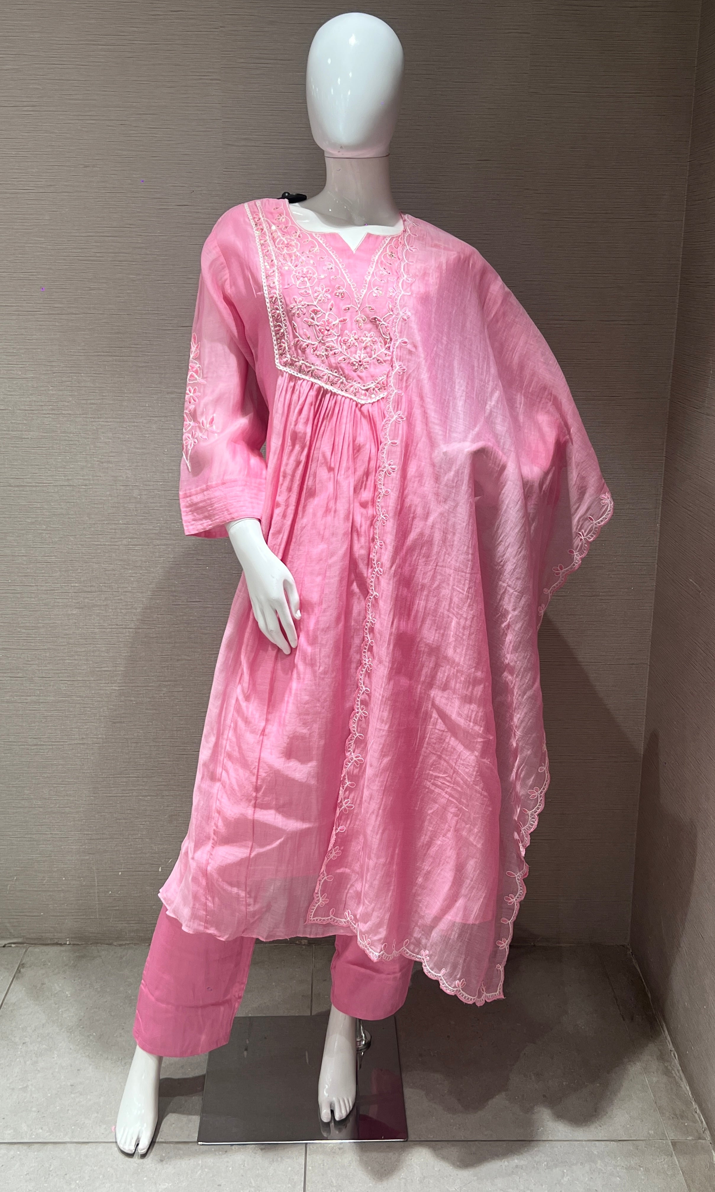 Baby pink mul Chanderi  anarkali kurta set