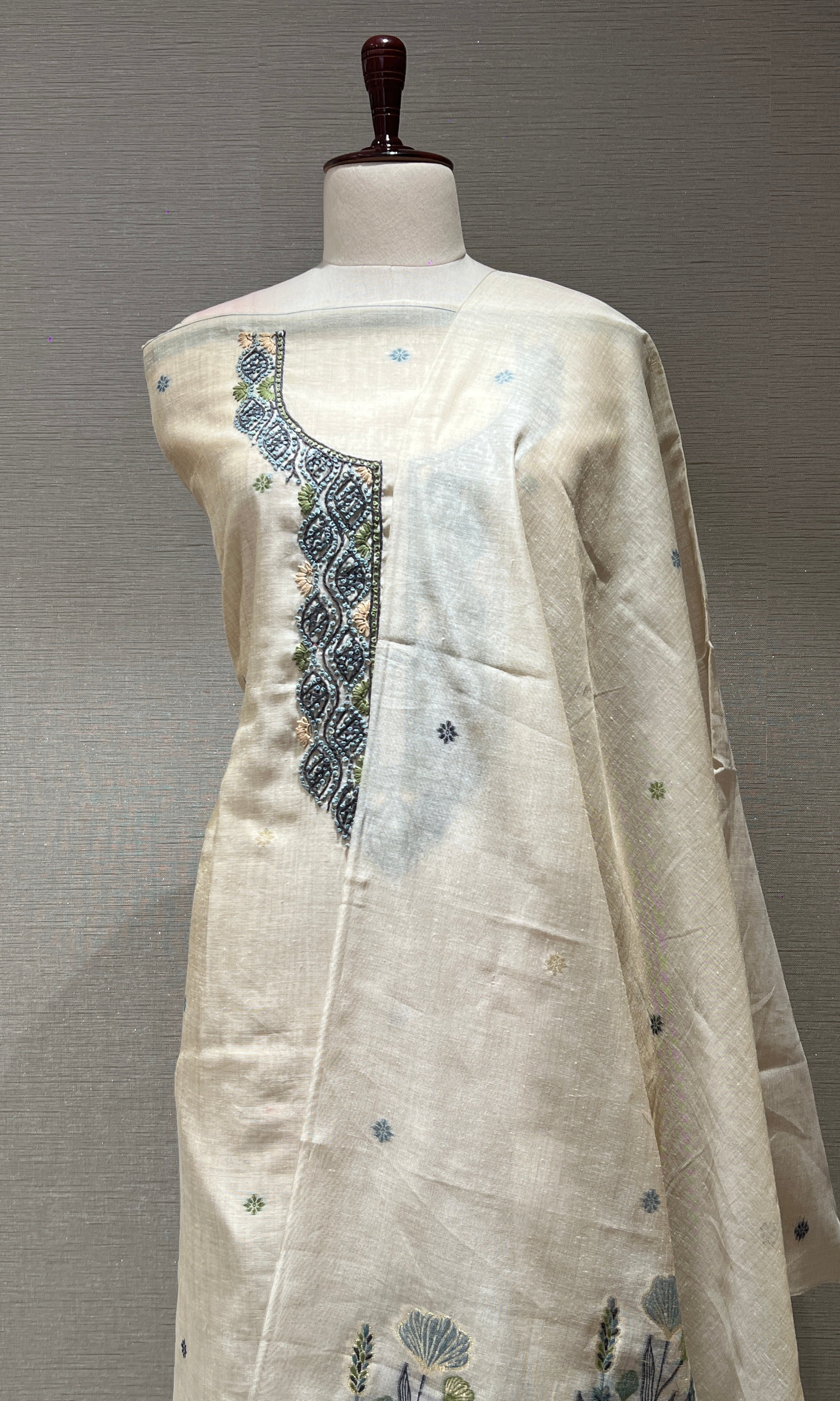 CREAM Blue EMBROIDERED dress material