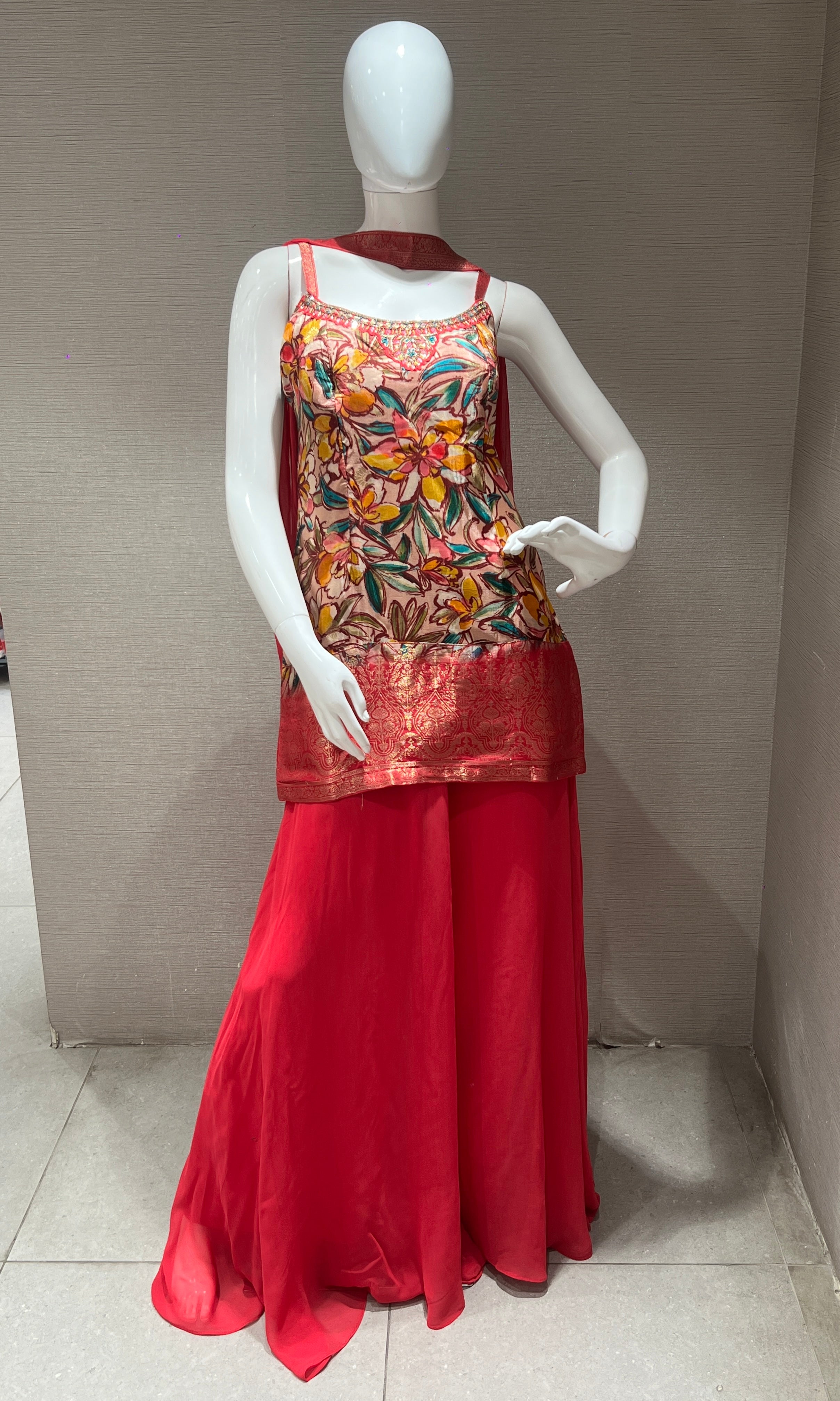 Pink palazoo with floral corset blouse