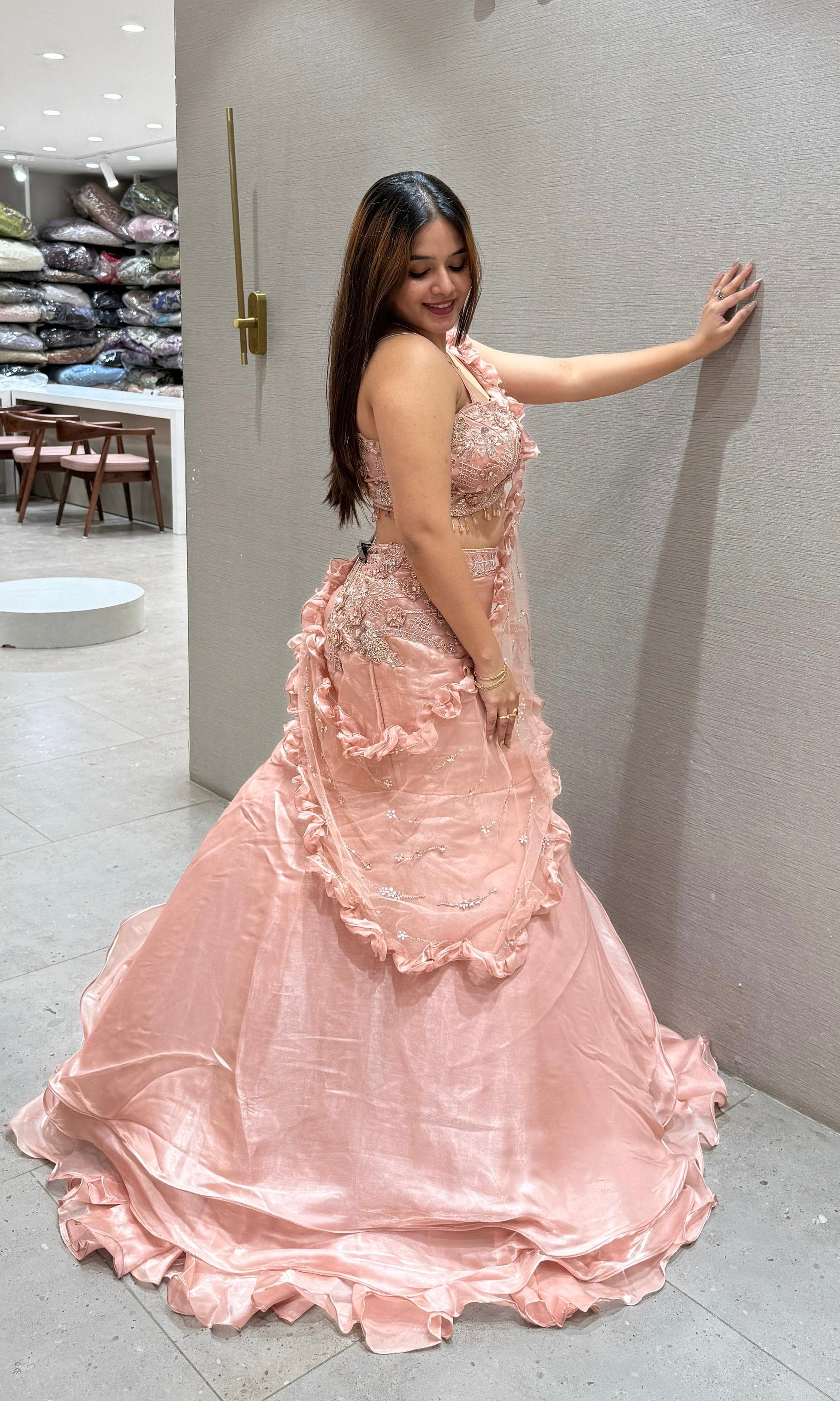 Peach fish cut Lehenga