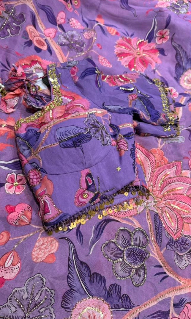 Purple floral saree with ready blouse