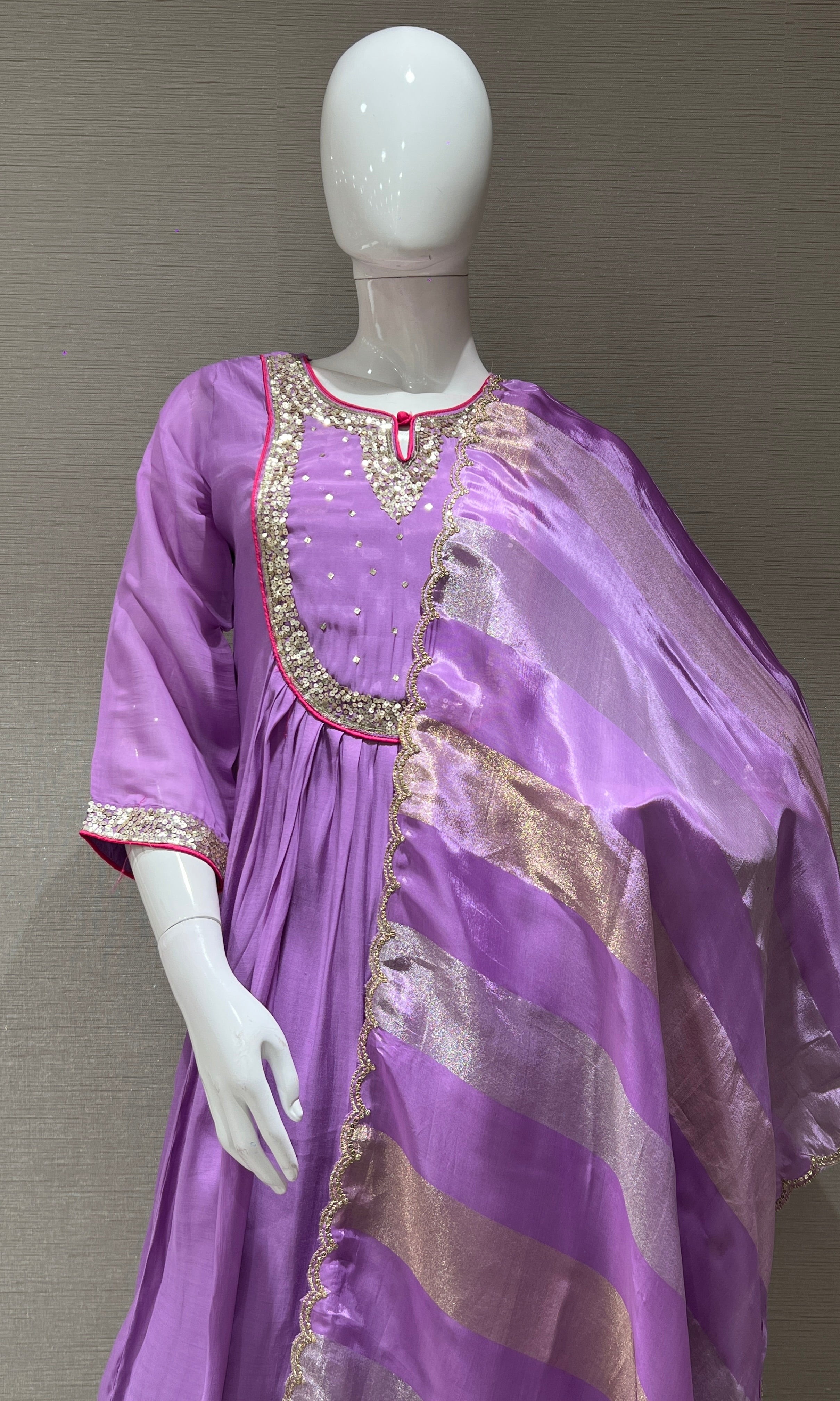 lavender kurta set with purple and gold dupatta