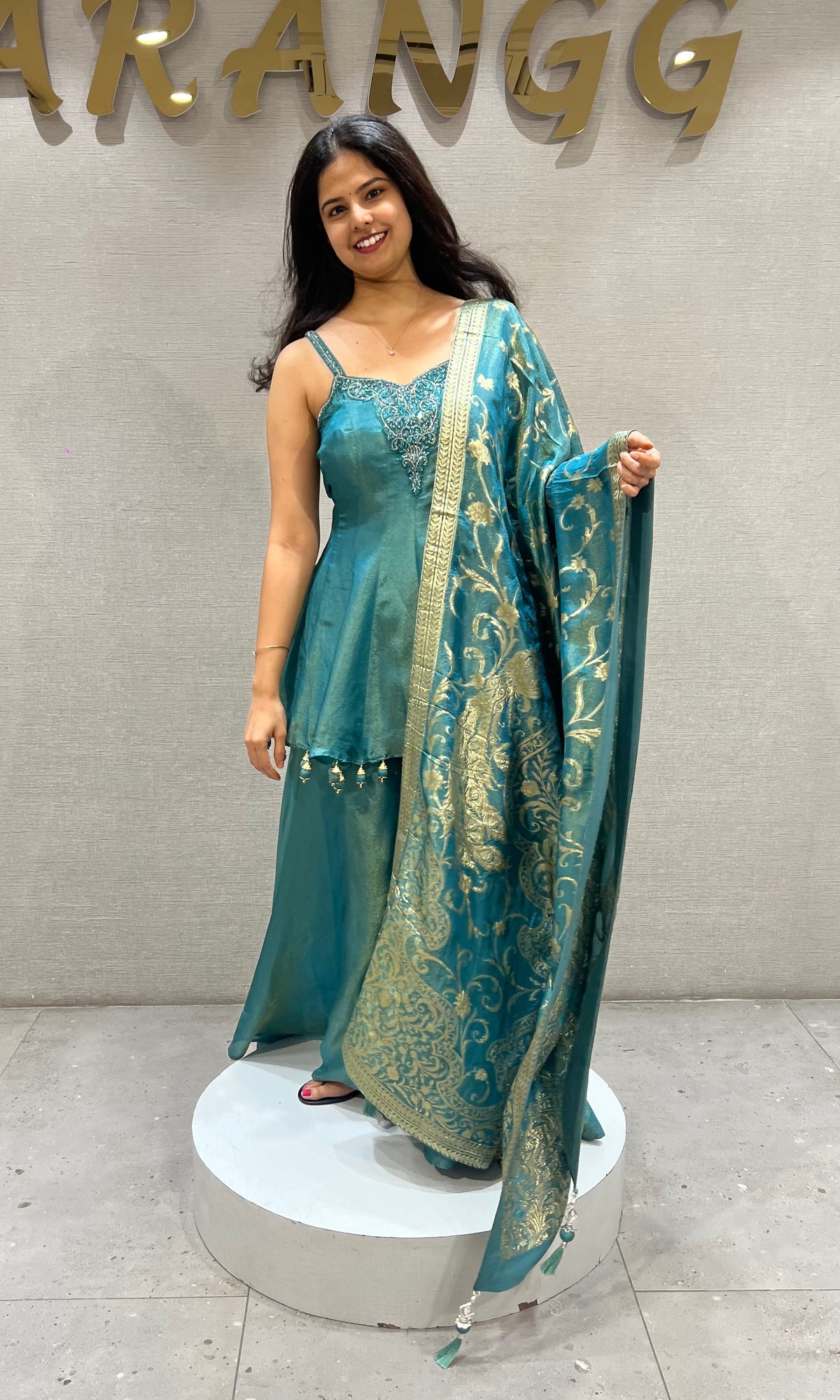 Blue ethnic Silk Blend Shimmer Peplum Palazzo set