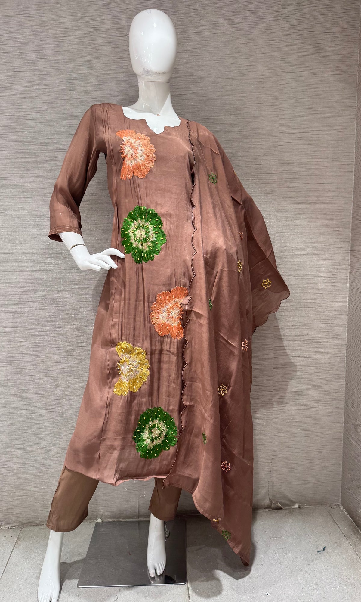 Light Brown cotton silk Floral Motif Kurta set with dupatta