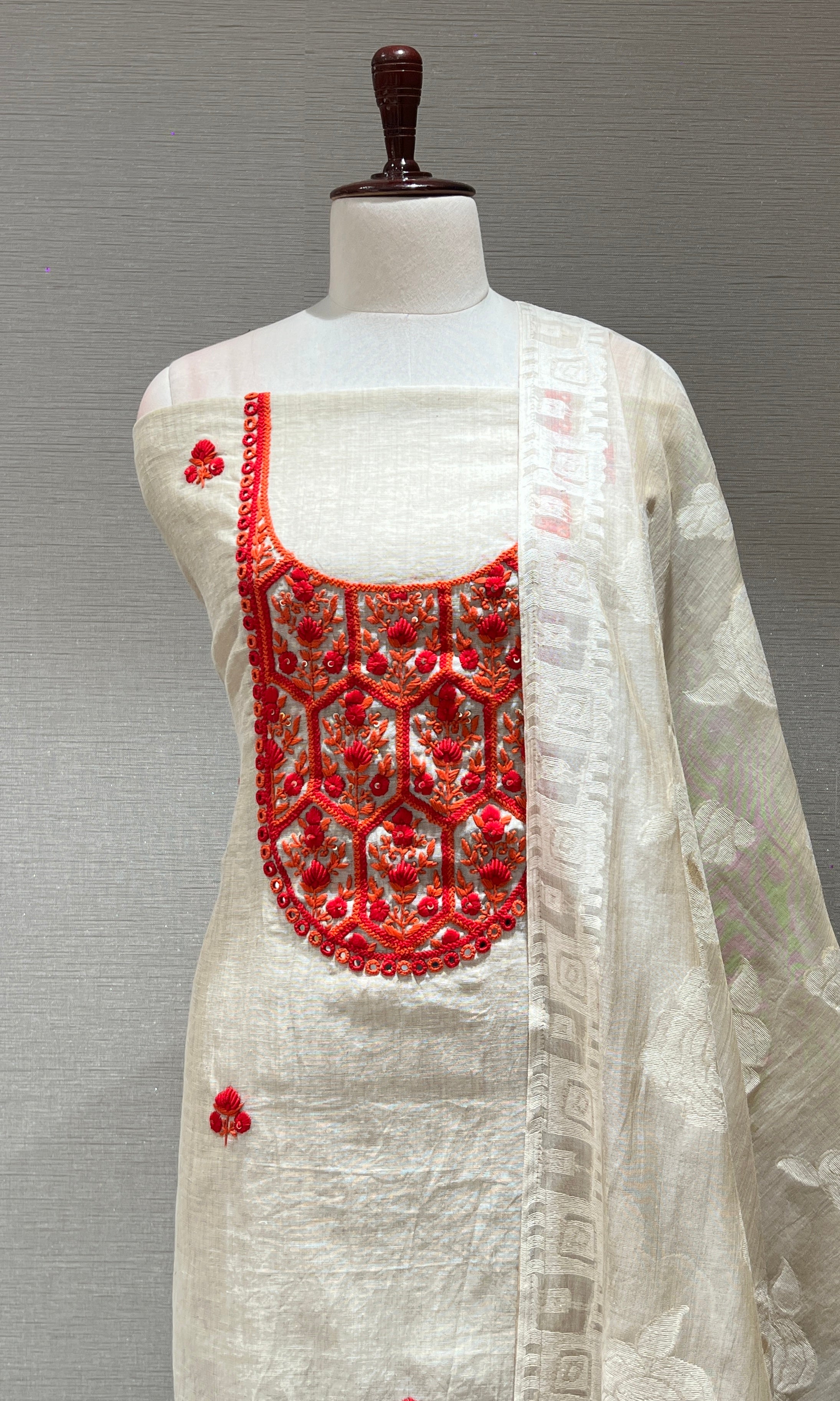 RED FLORAL EMBROIDERED DRESS MATERIAL