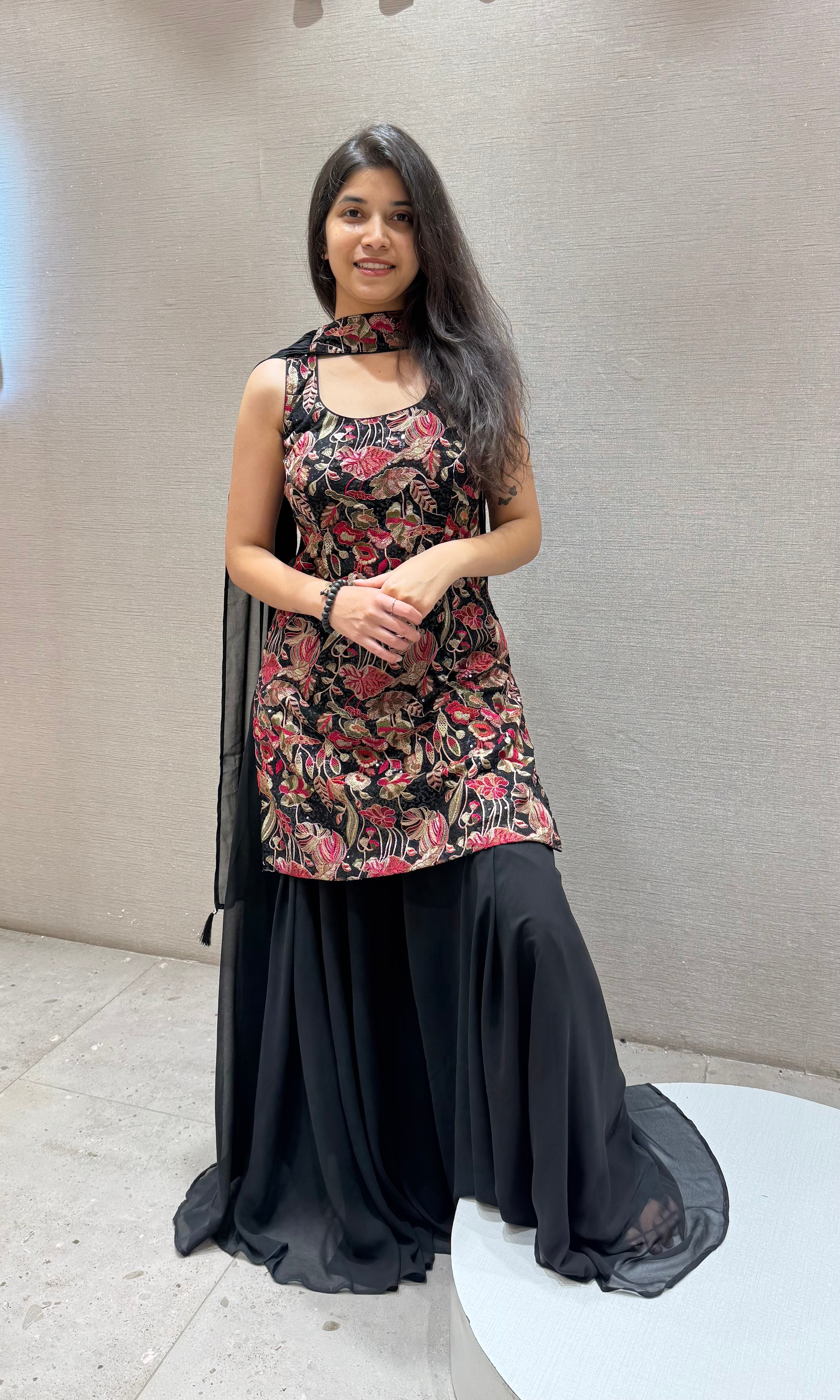 Black FLORAL EMBROIDERED SHARARA SET