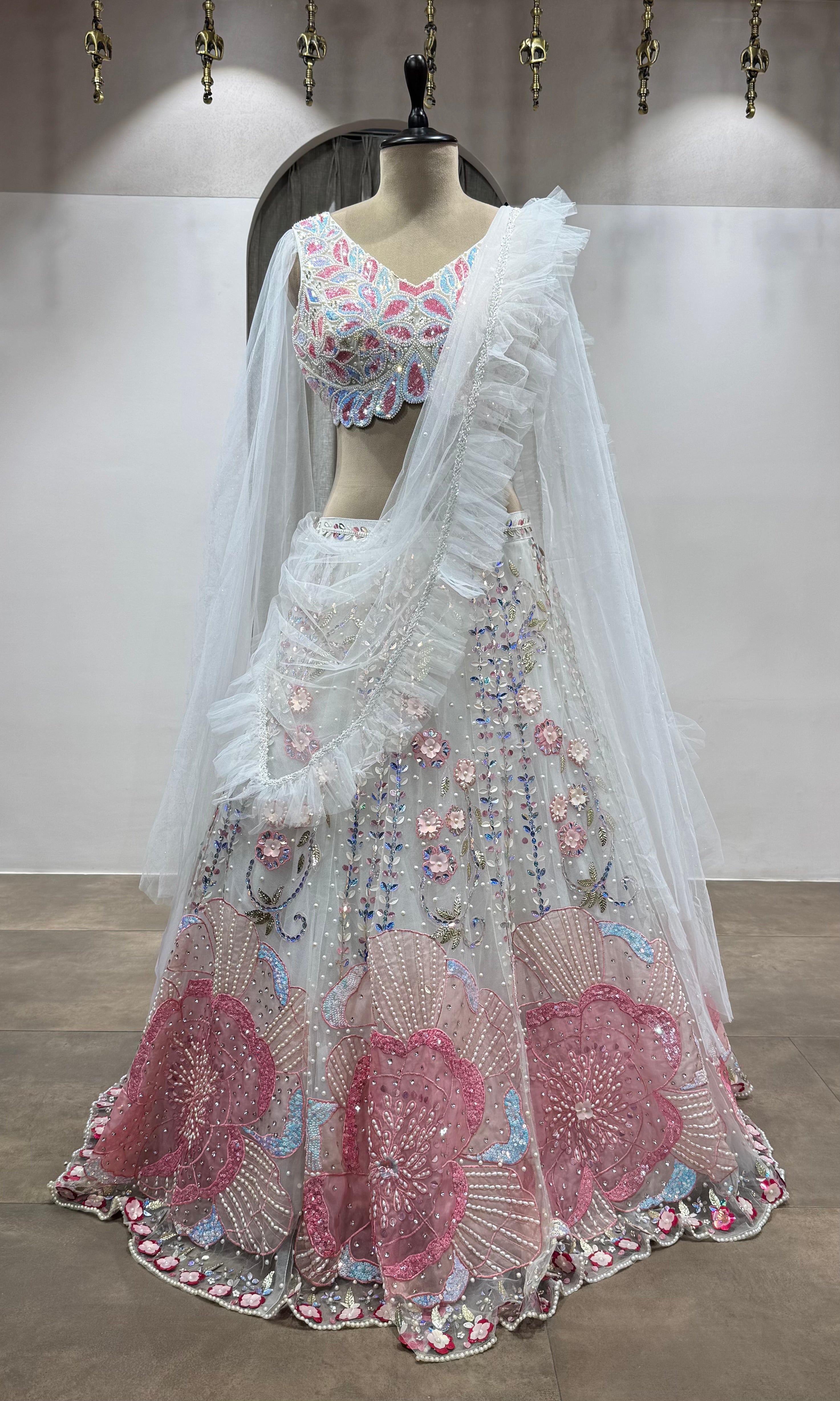 White Organza Lehenga with Pink Threadwork