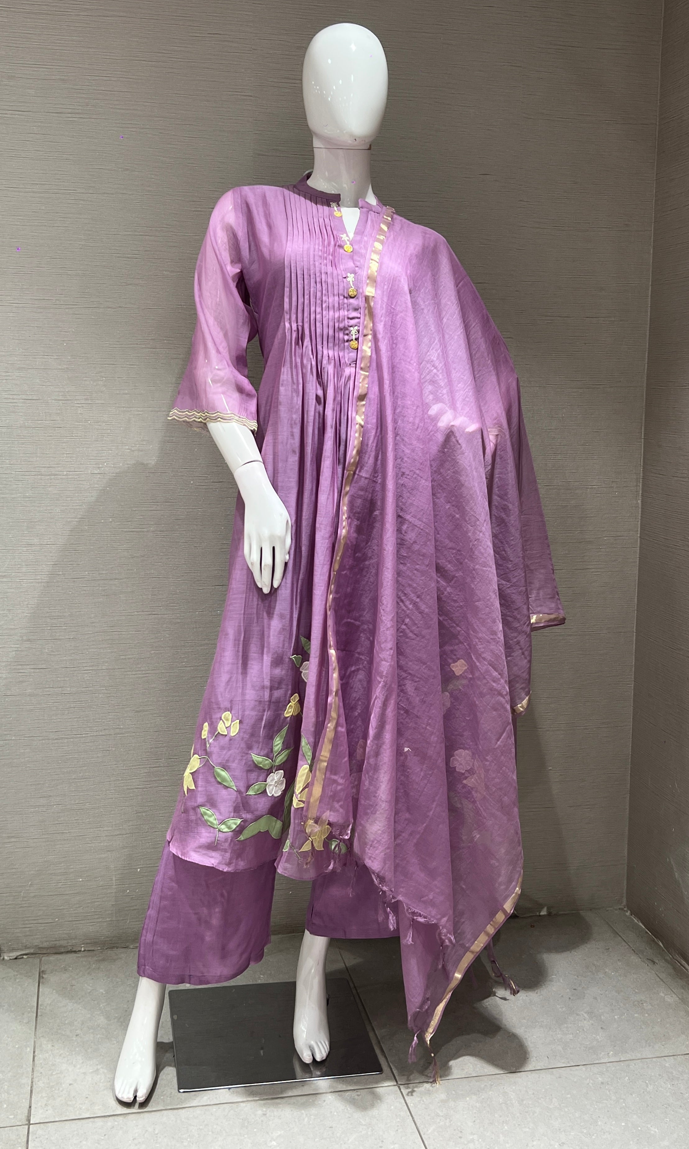 Purple FLORAL MUL CHANDERI KURTA SET