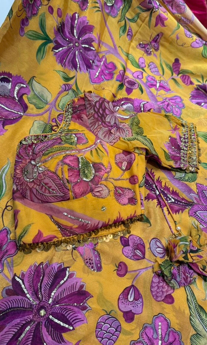 yellow floral saree with ready blouse