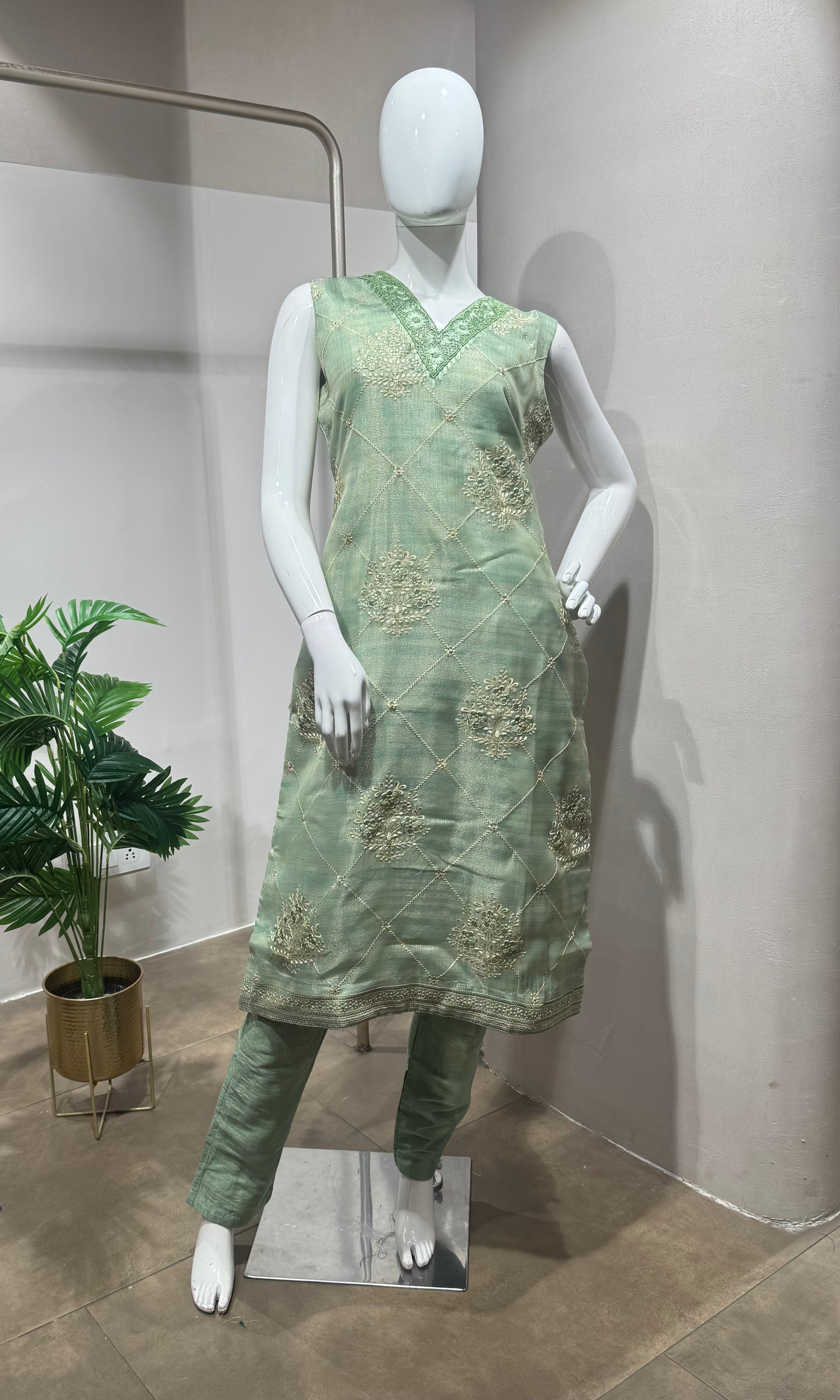 pista Green Embroidered Kurta Set