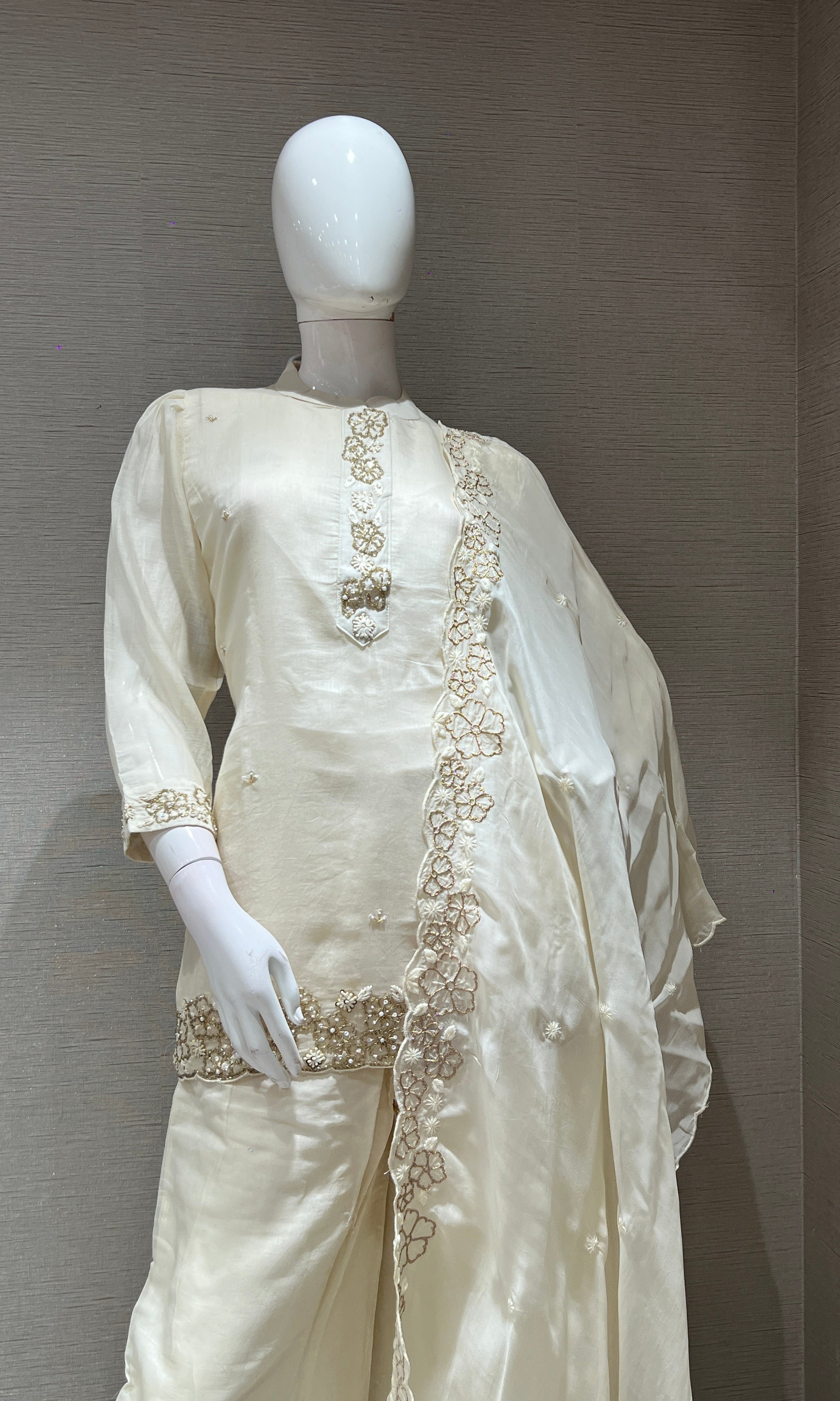 Cream FLORAL EMBROIDERED PALAZZO SET