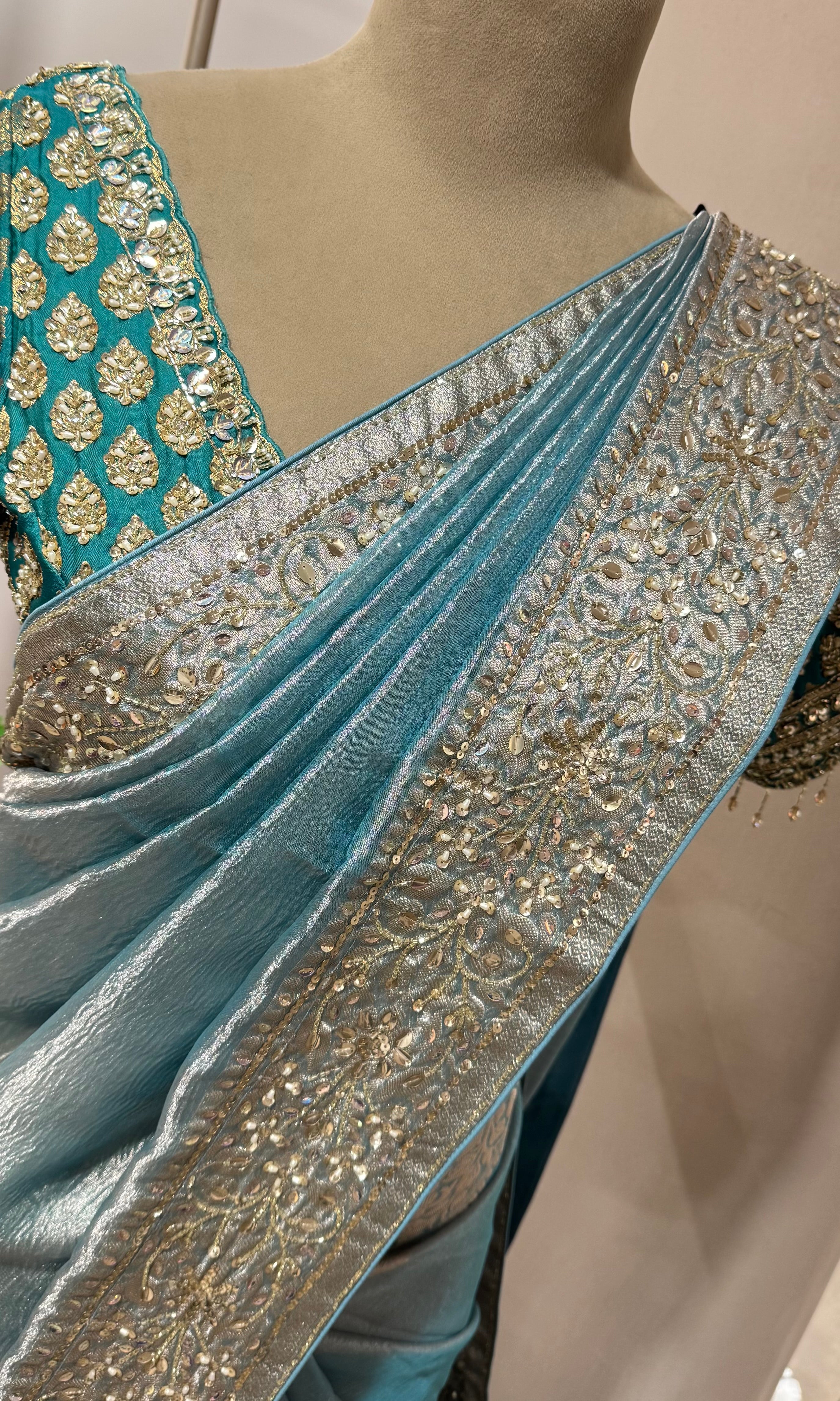 SOFT BLUE DESIGNER TISSUE SAREE WITH BLOUSE
