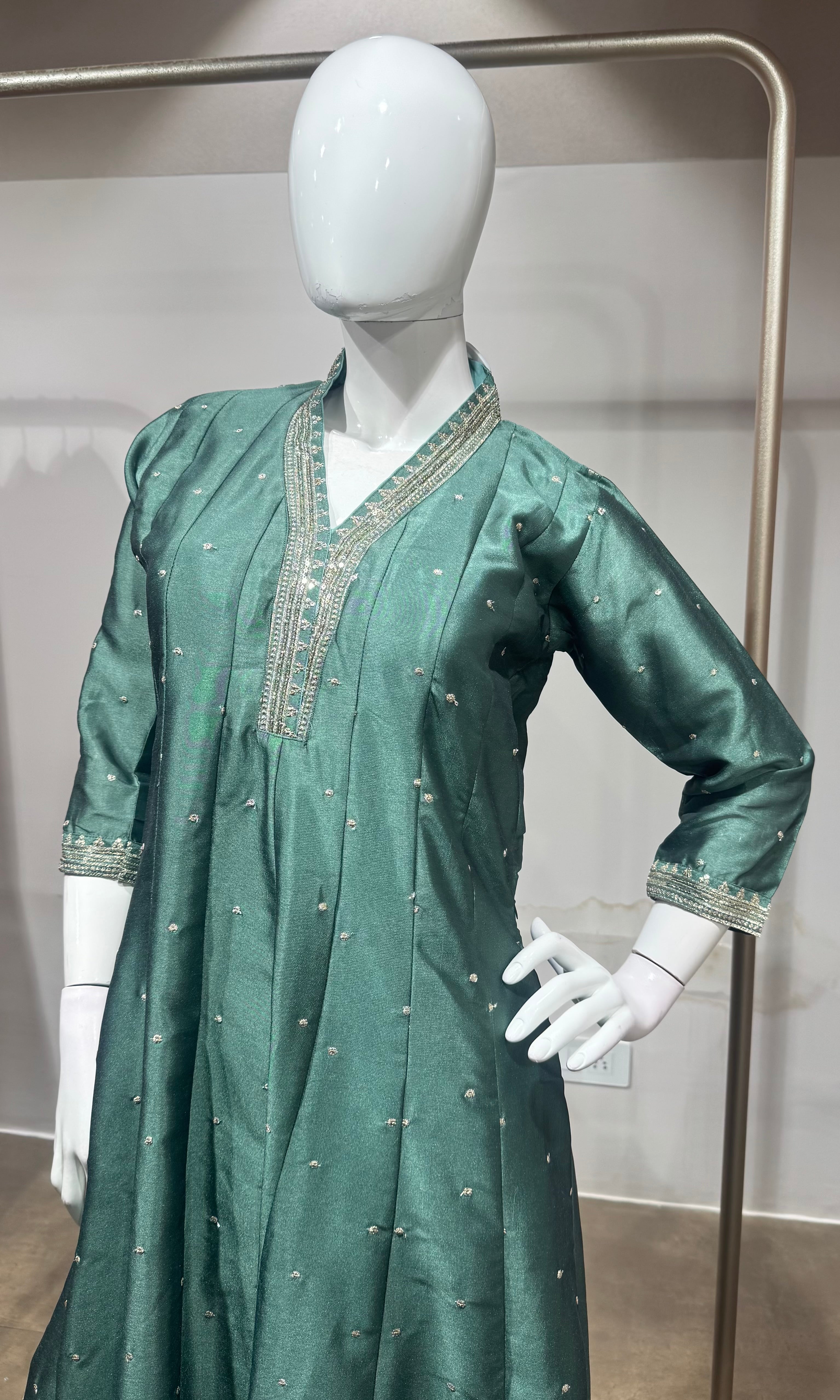 Green gold Embroidered Silk Anarkali set