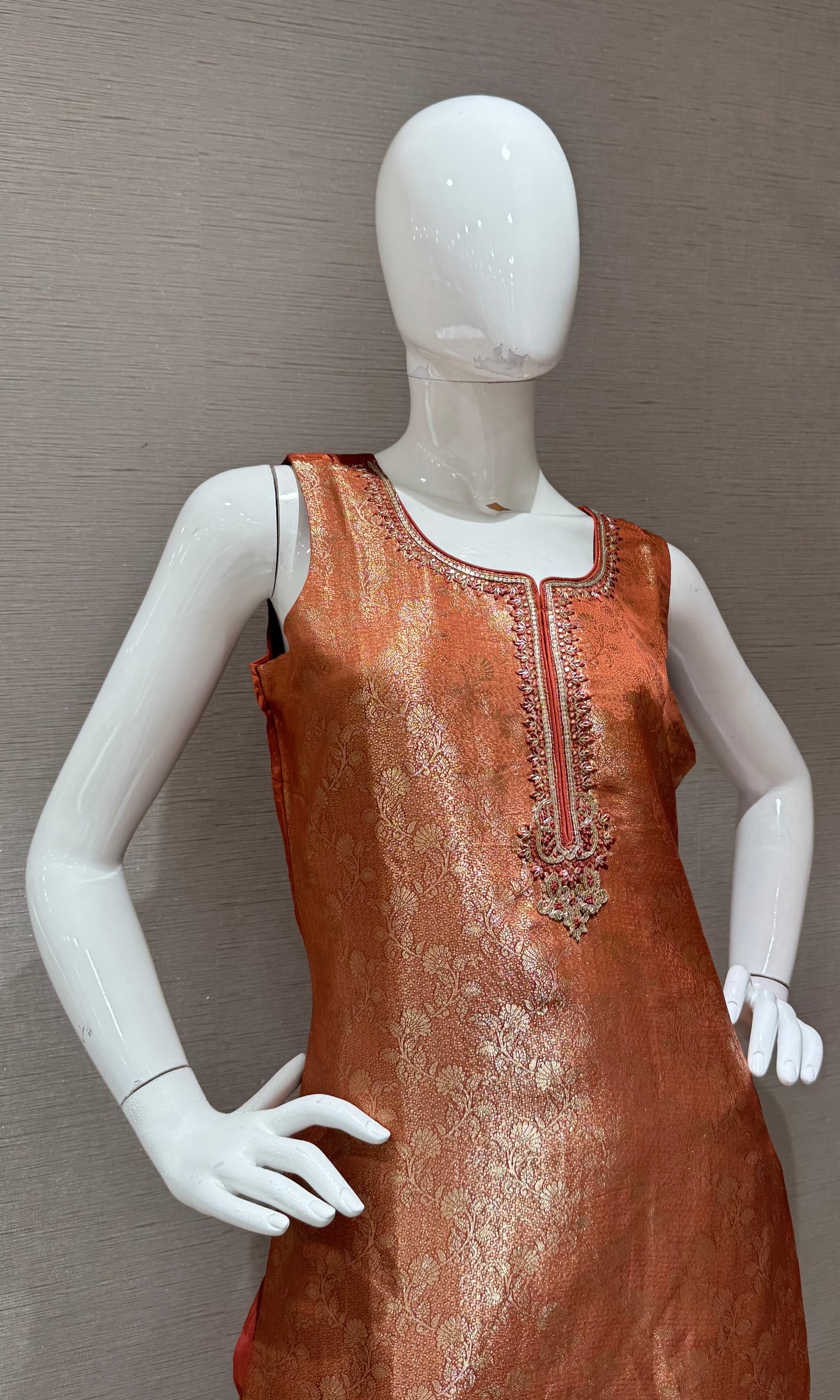 Light Rust Embroidered Kurta Set with Gold Border Dupatta