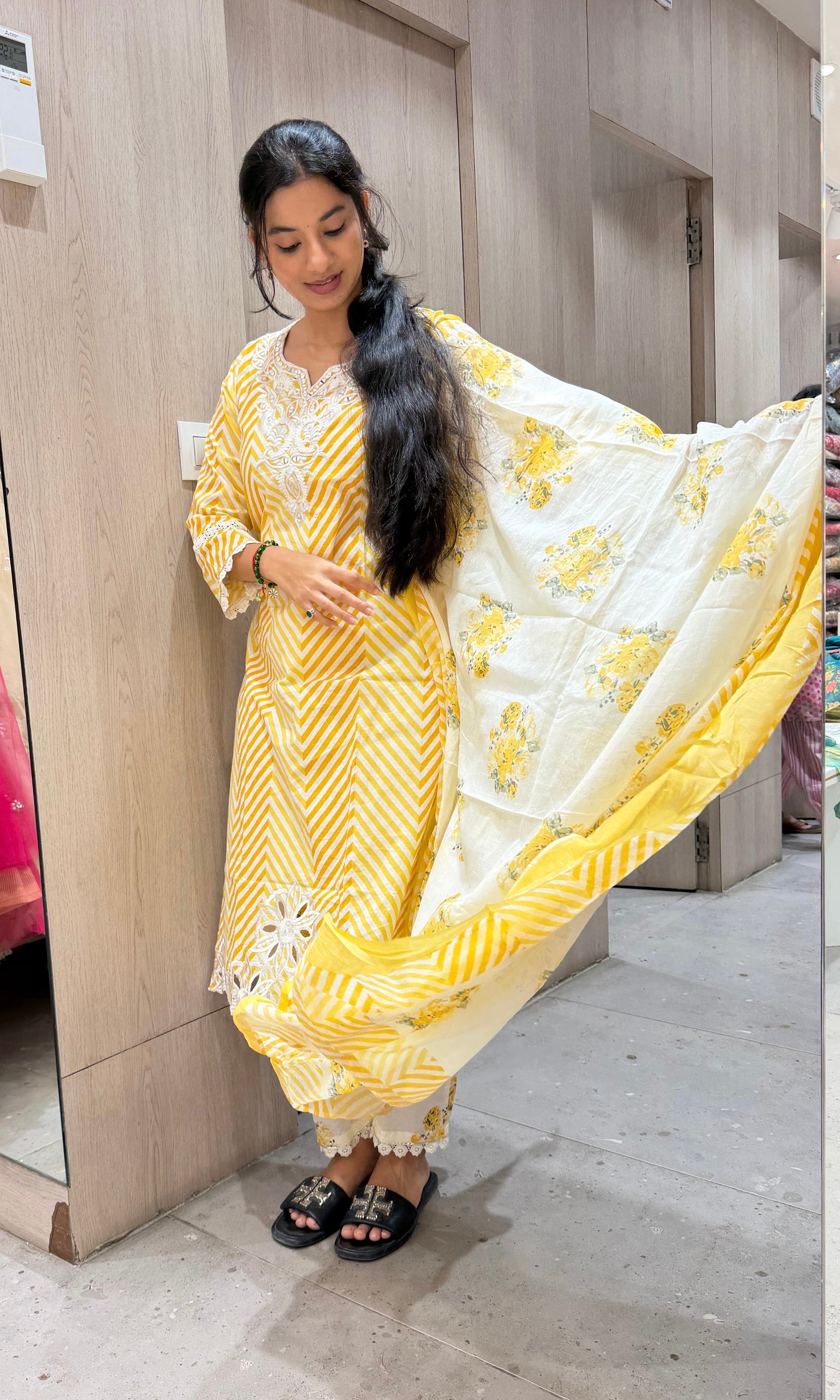 Yellow FLORAL STRIPED PRINTED kurta set