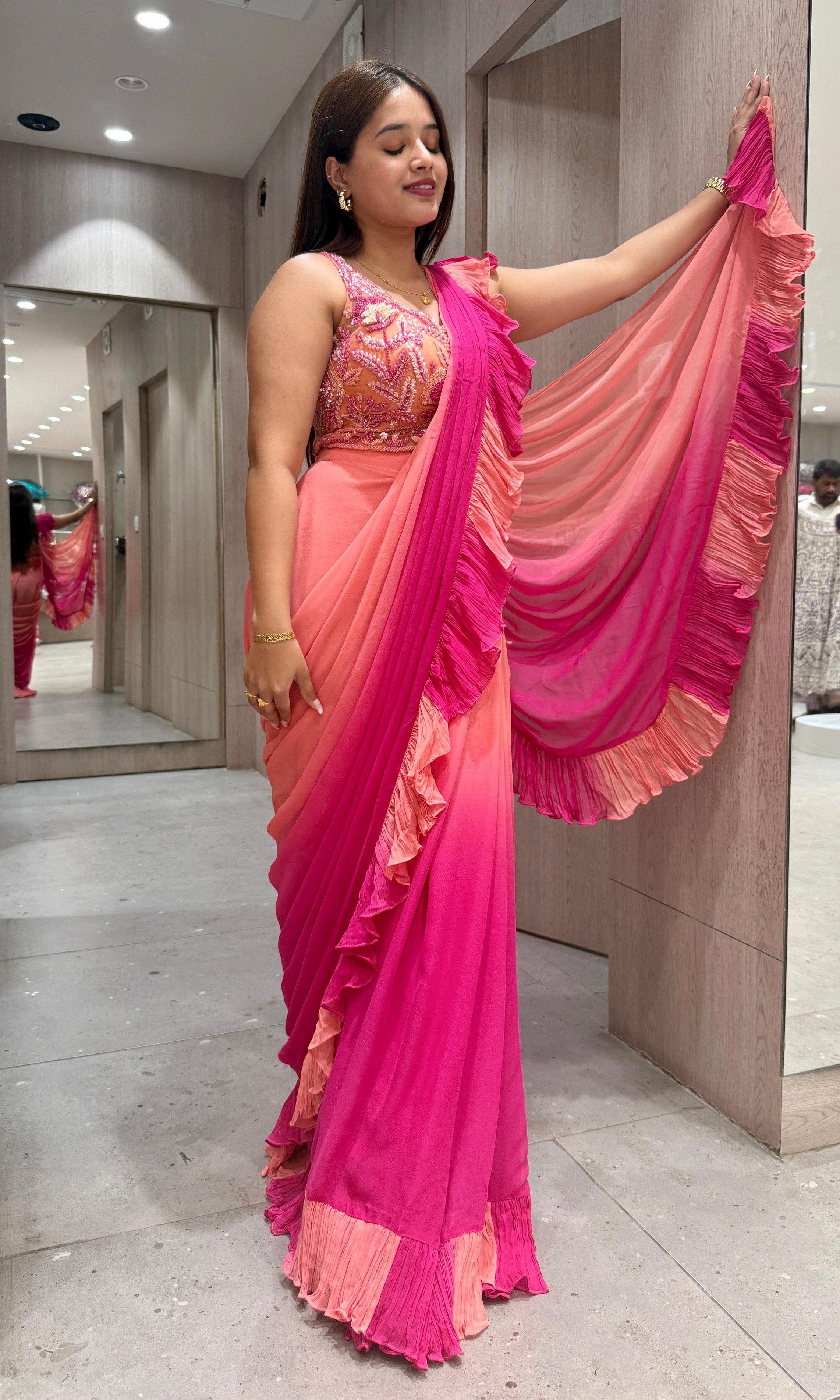 Peach & Pink Ombre One-Minute Ruffle Saree – Effortless Elegance