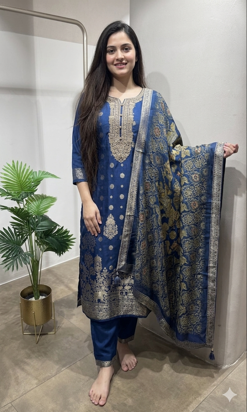 Royal Blue Banarasi Silk Kurta Set