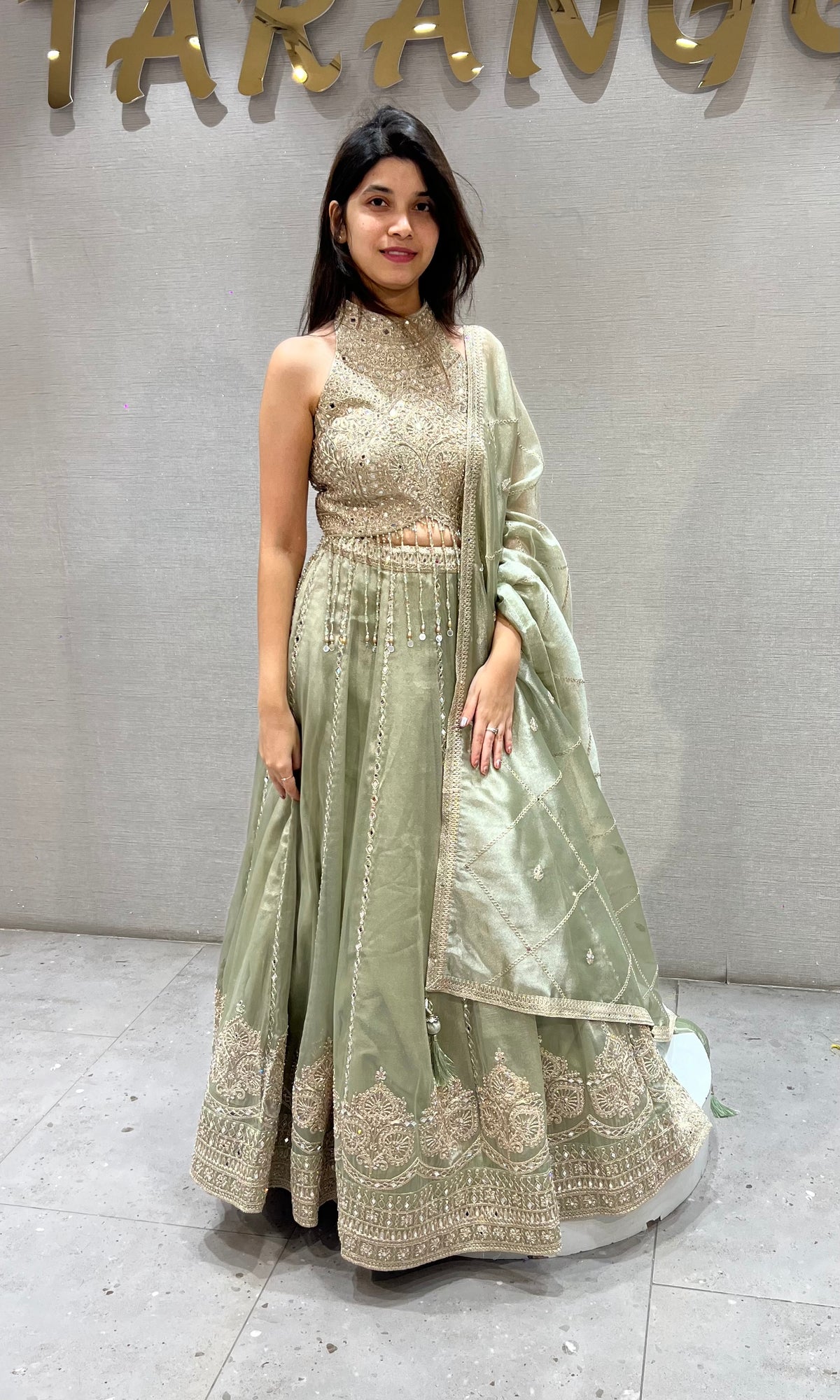 Mint Crush tissue silk Sequined Halter Lehenga set