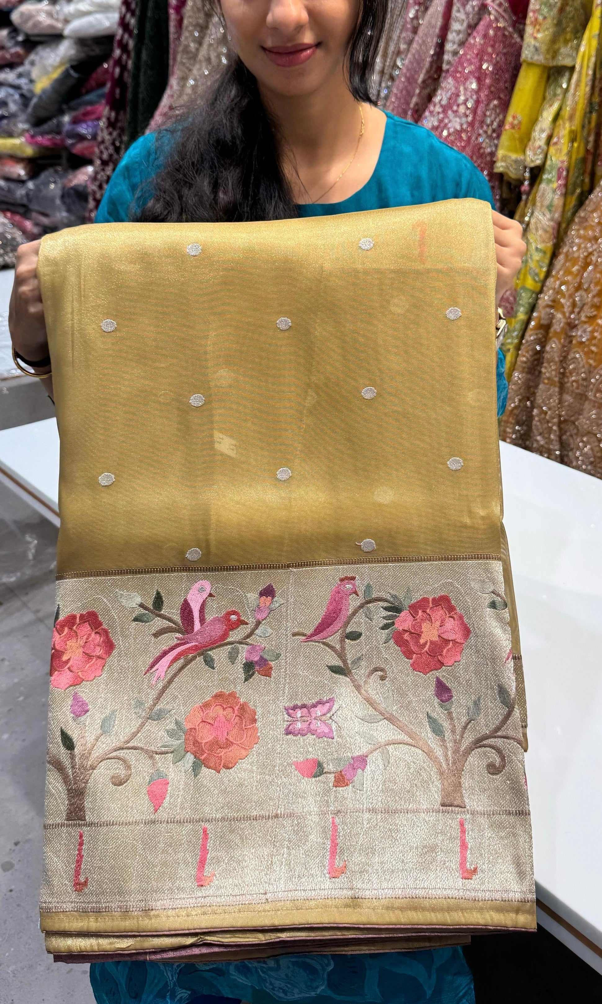 Gold soft tissue saree with paithani embroidery with buta work