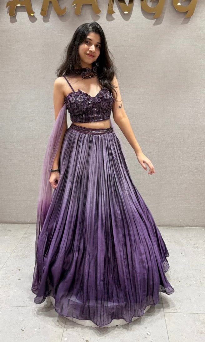 Purple Plum Embellished Blouse Pleated Lehenga