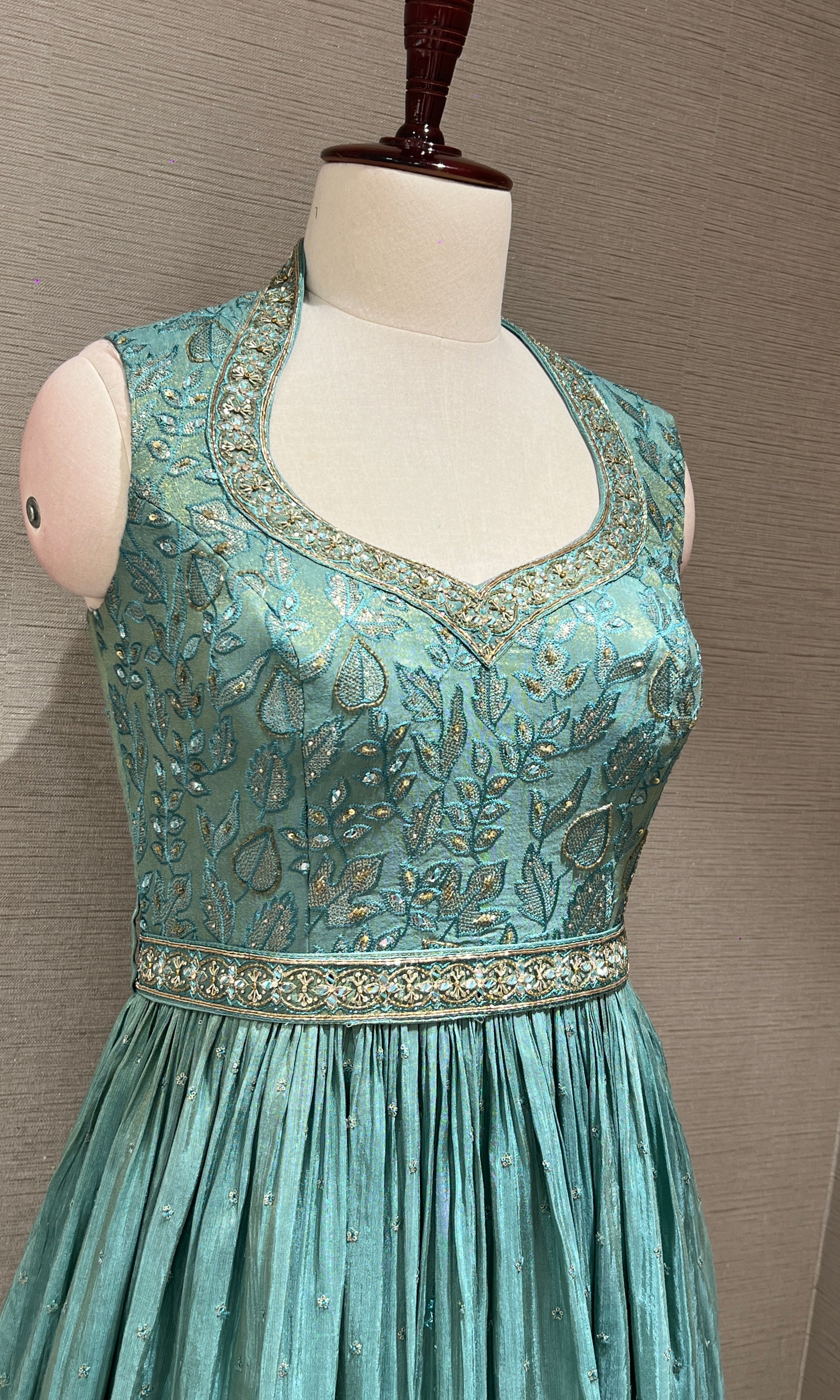 Sea green long anarkali with gold embroidered