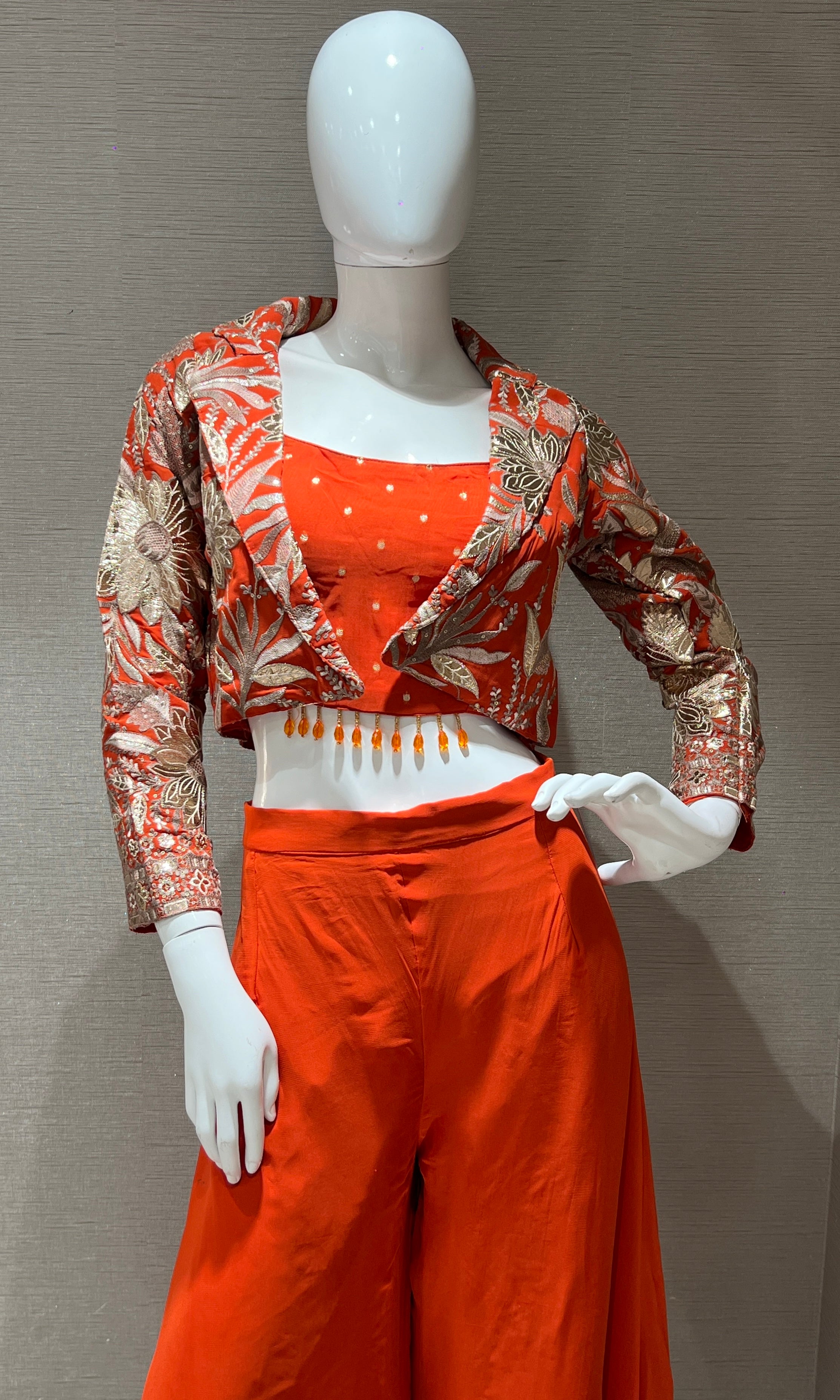orange Palazzo Set with Embroidered Jacket