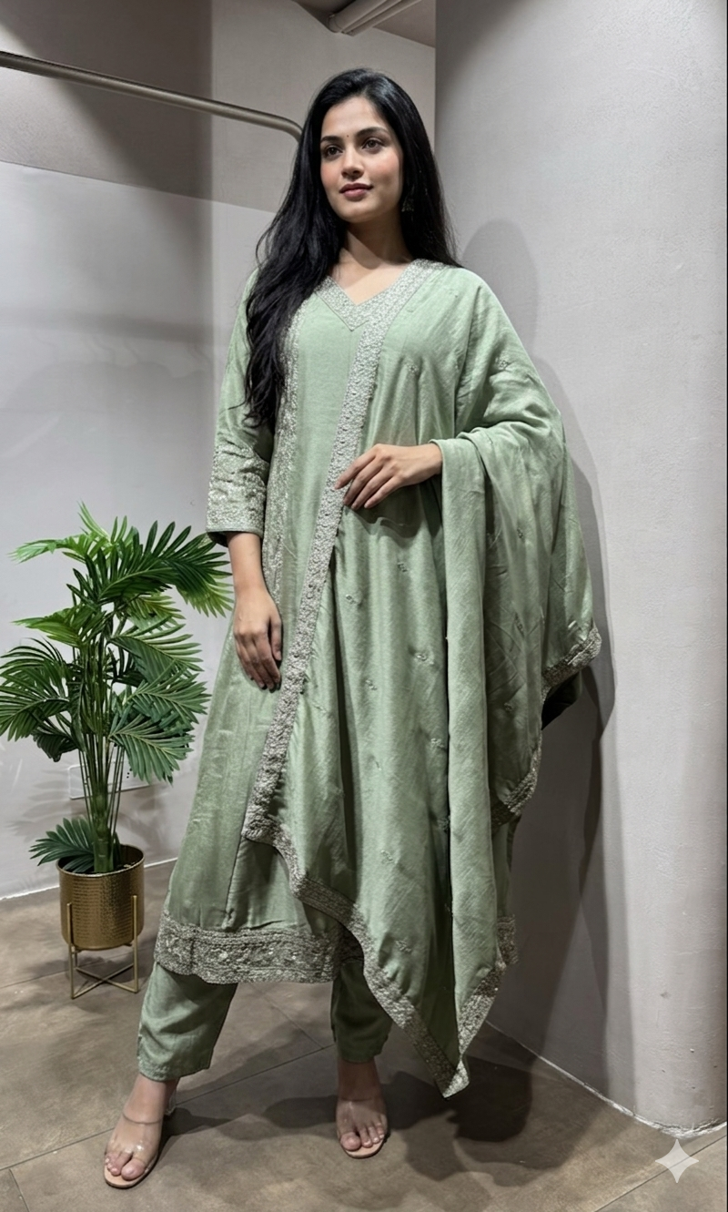 Pista Green Silk Blend Anarkali Ensemble