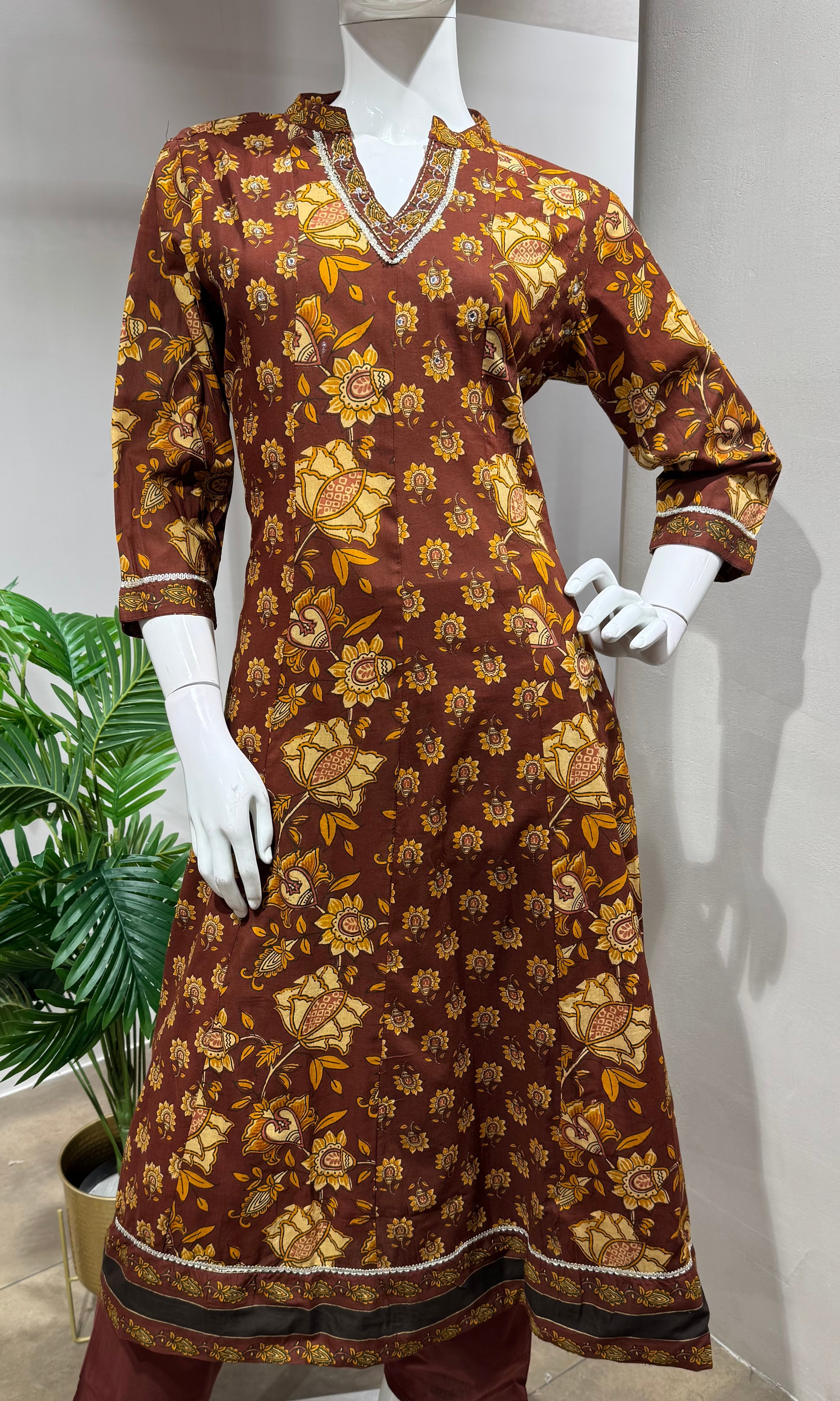 BROWN Floral Printed Ethnic Anarkali Set