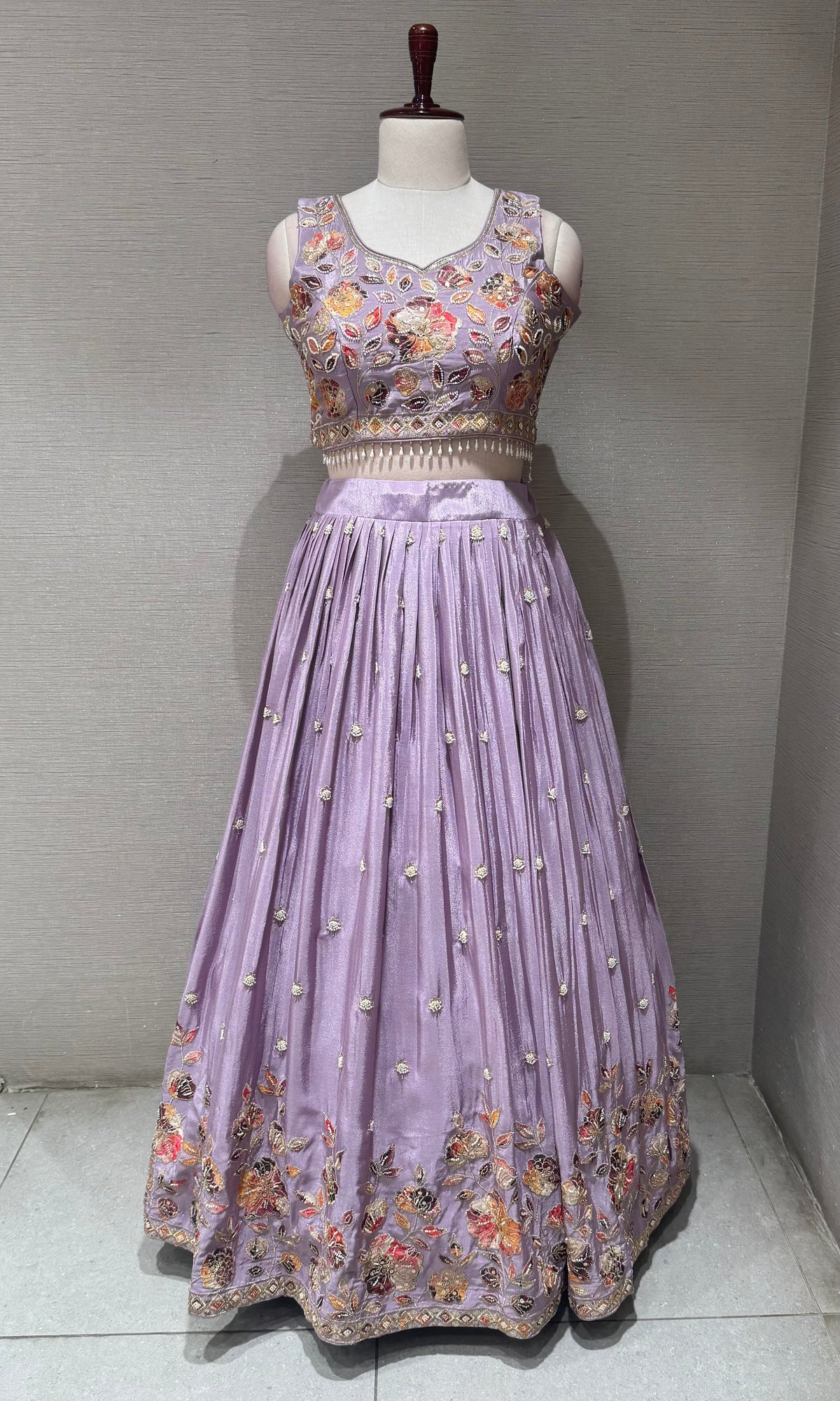 Lilac Tissue silk Multi Floral Crop Top Lehenga set