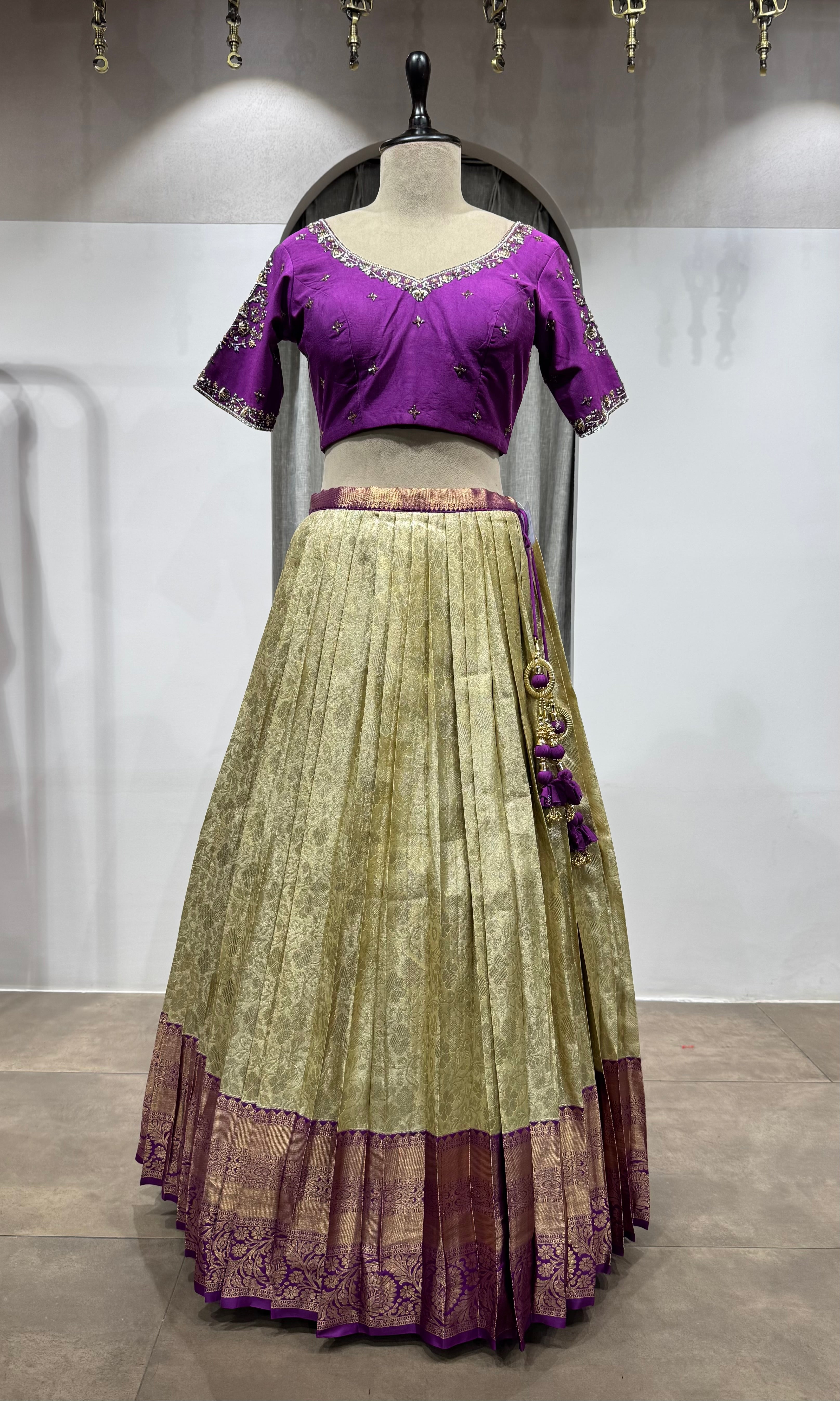 WINE and cream kanjivaram pattu lehenga