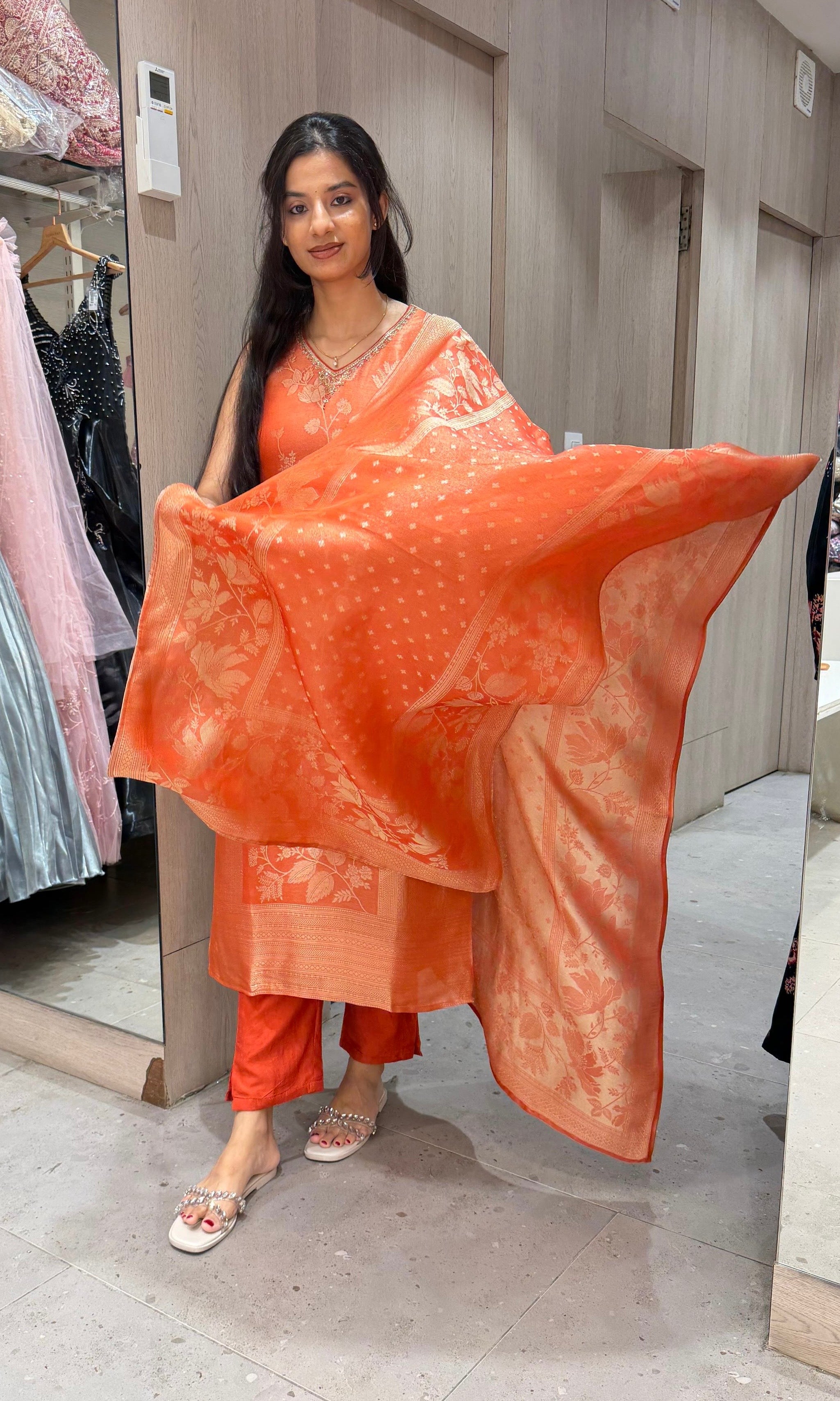 Orange Banarasi Kurta set with Matching Dupatta