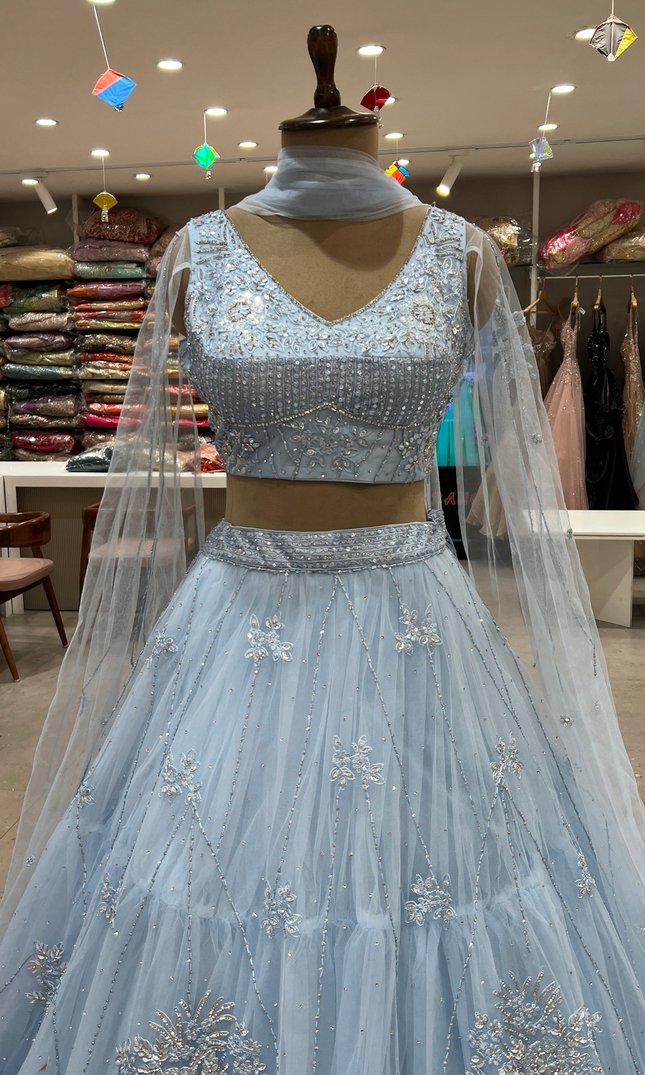 LIGHT Blue Floral Embroidered Net Lehenga