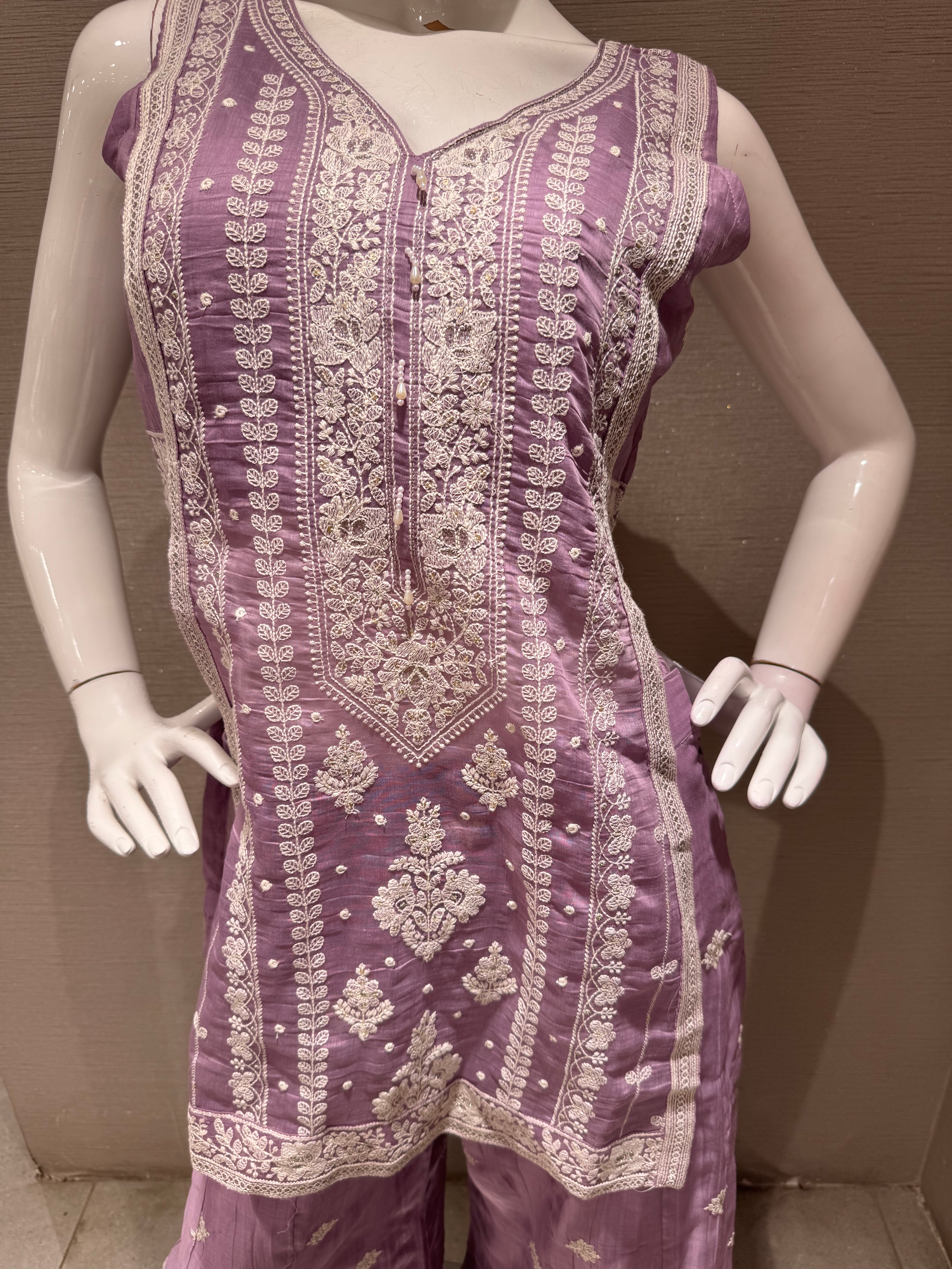 lavander Embroidered Shimmer Silk Palazzo Set