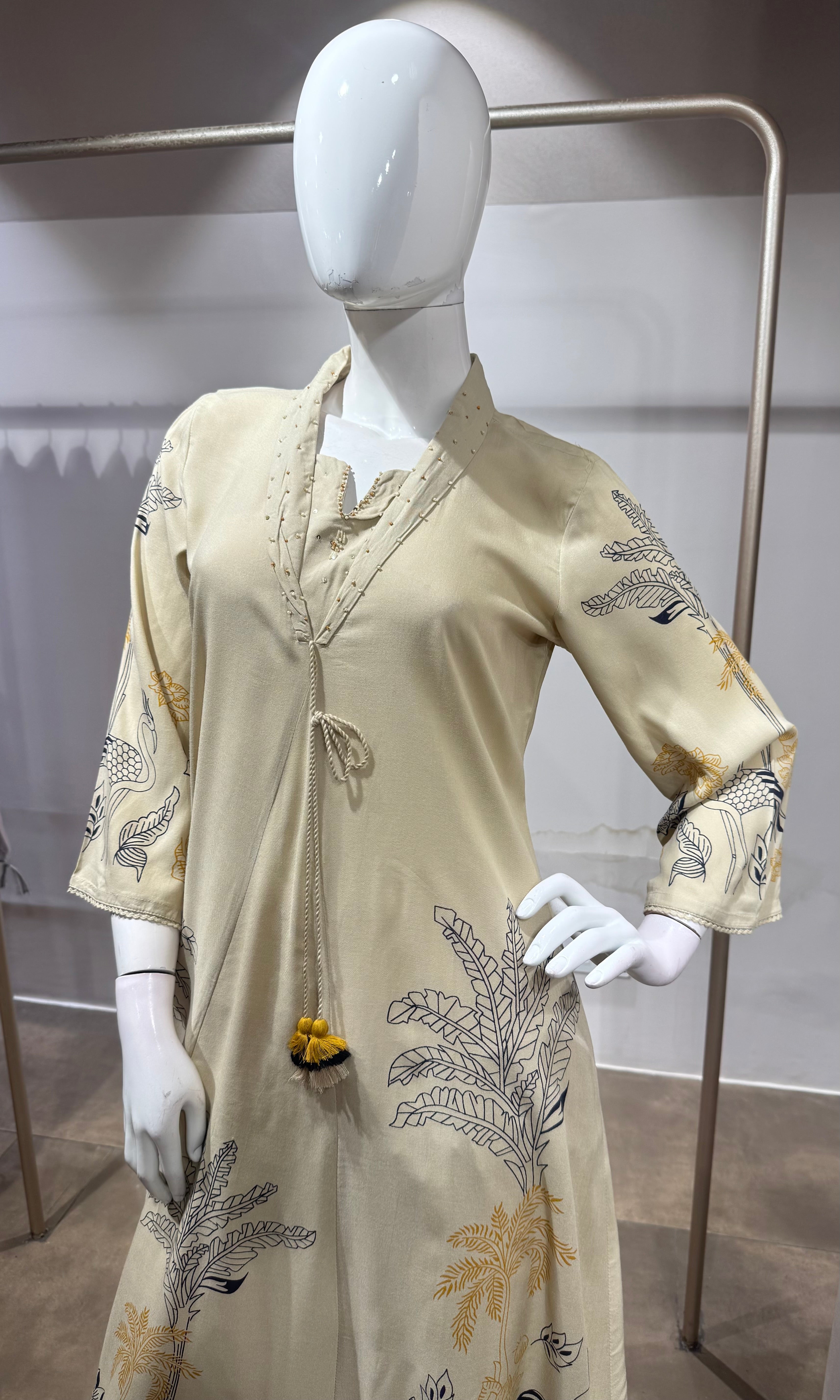 Cream Printed A-Line Kurti set