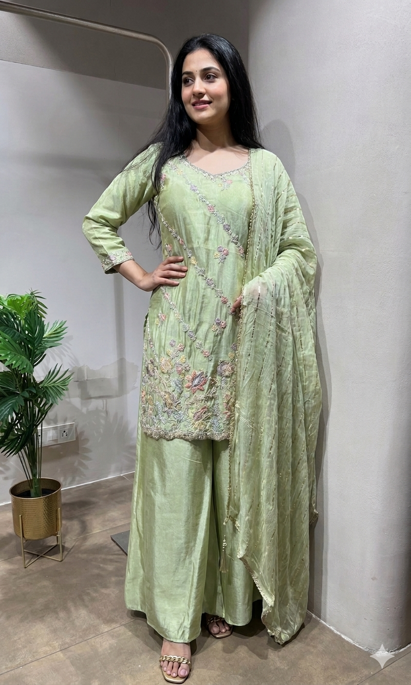 Pista Green Embroidered Shimmer silk Sharara Set