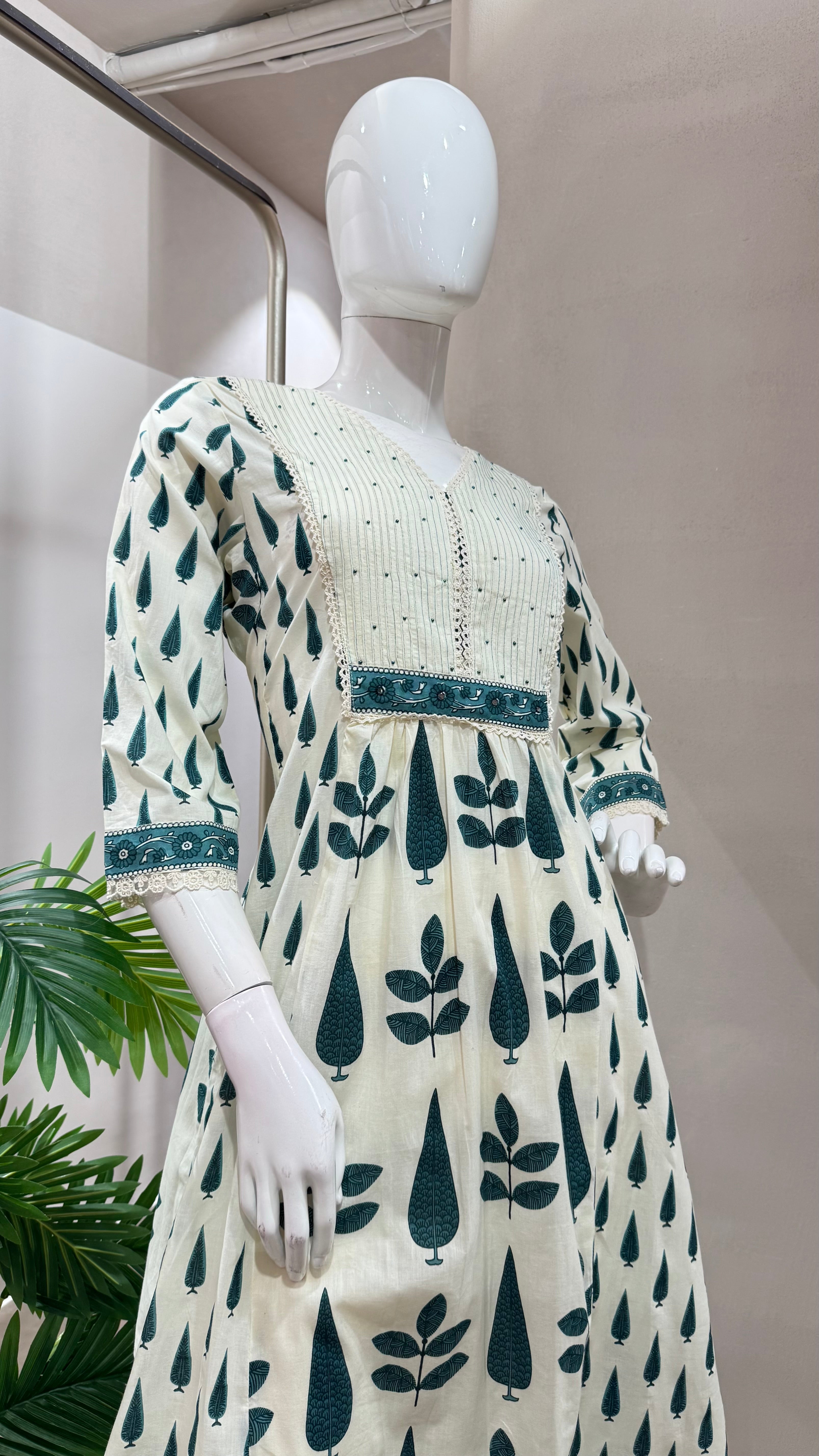 GREEN and white ethnic printed anarkali set