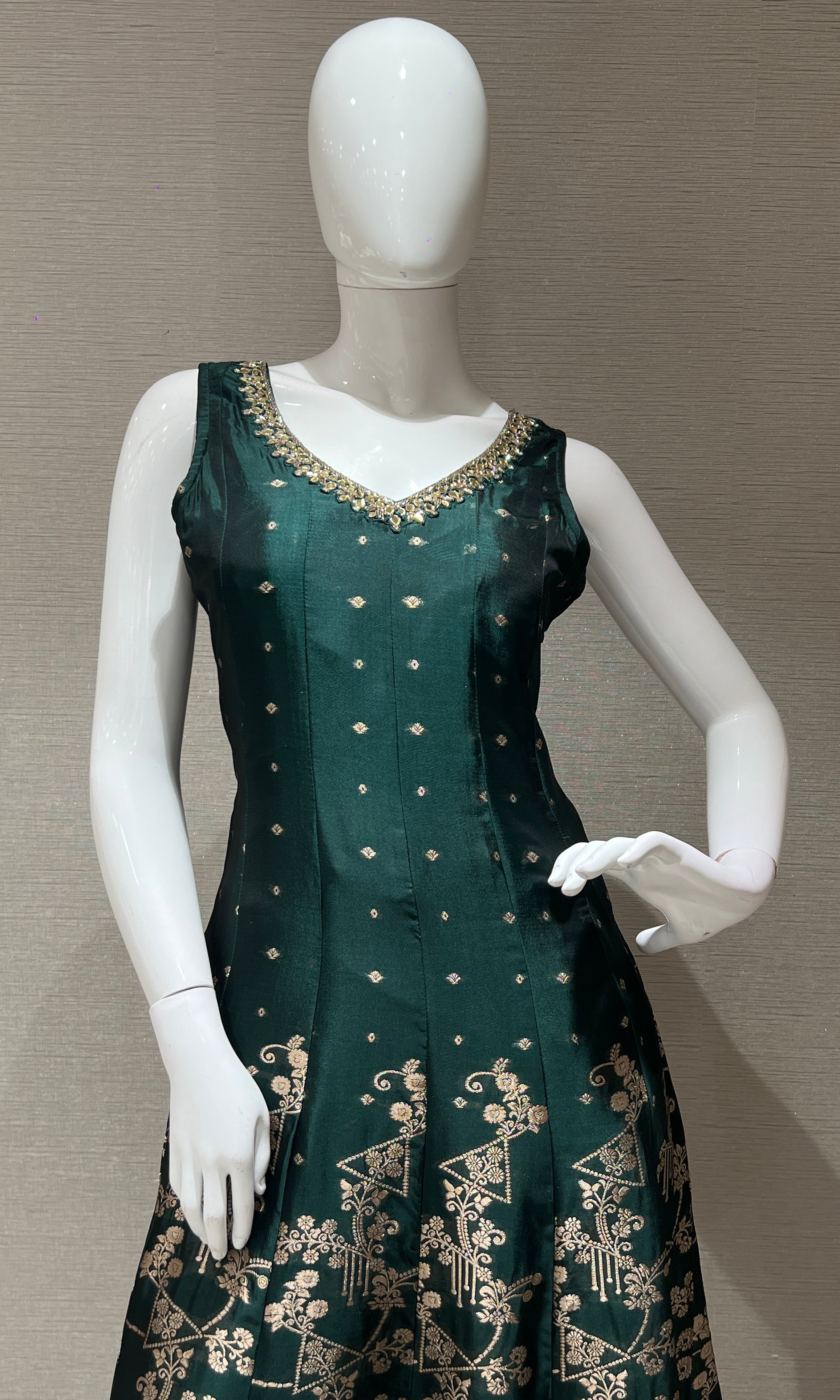 Bottle Green Anarkali with Gold Print embroidery