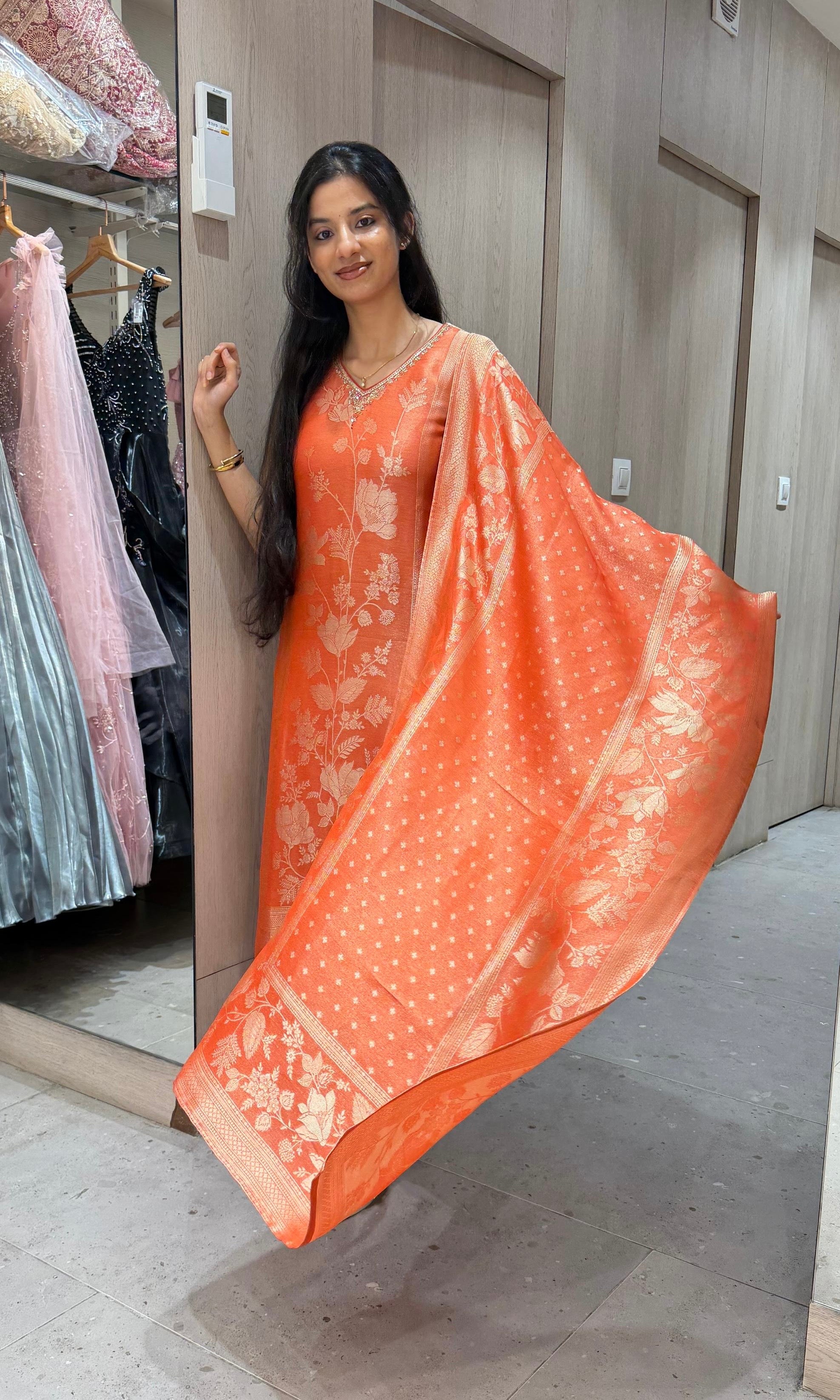 Orange Banarasi Kurta set with Matching Dupatta