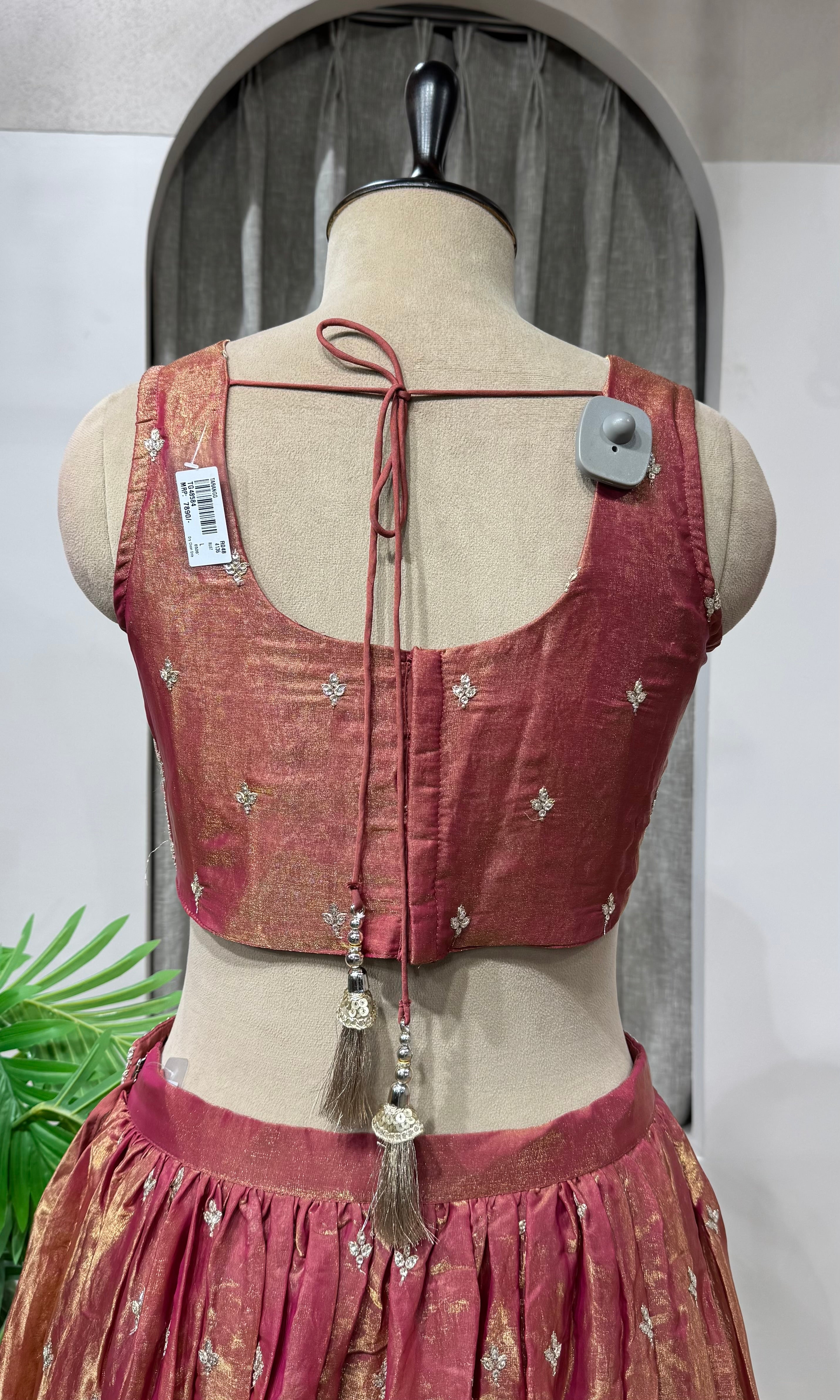 Rust Banarasi Silk Crop Top Lehenga