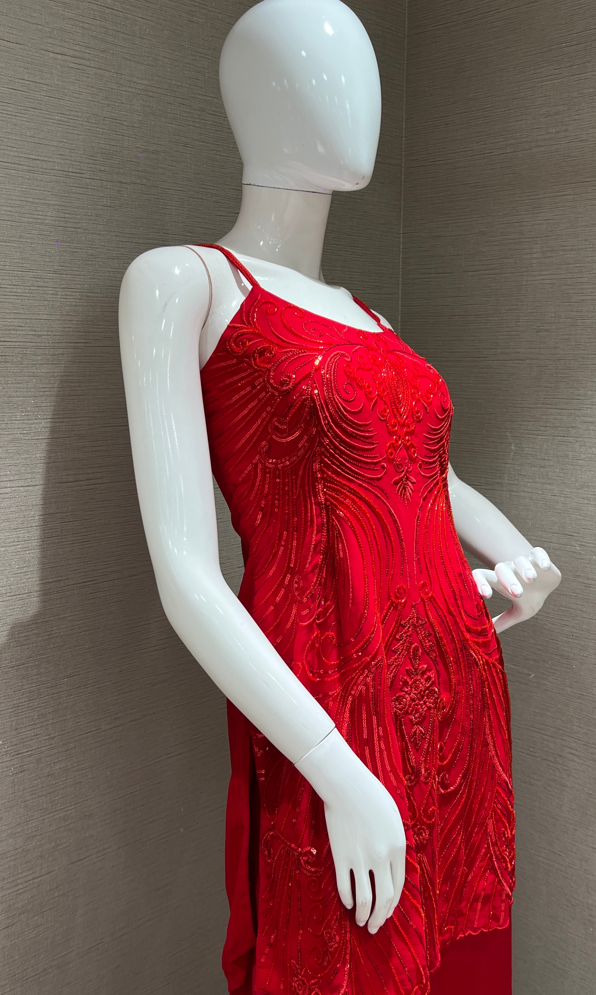 cherry Red silk palazzo set with bead work