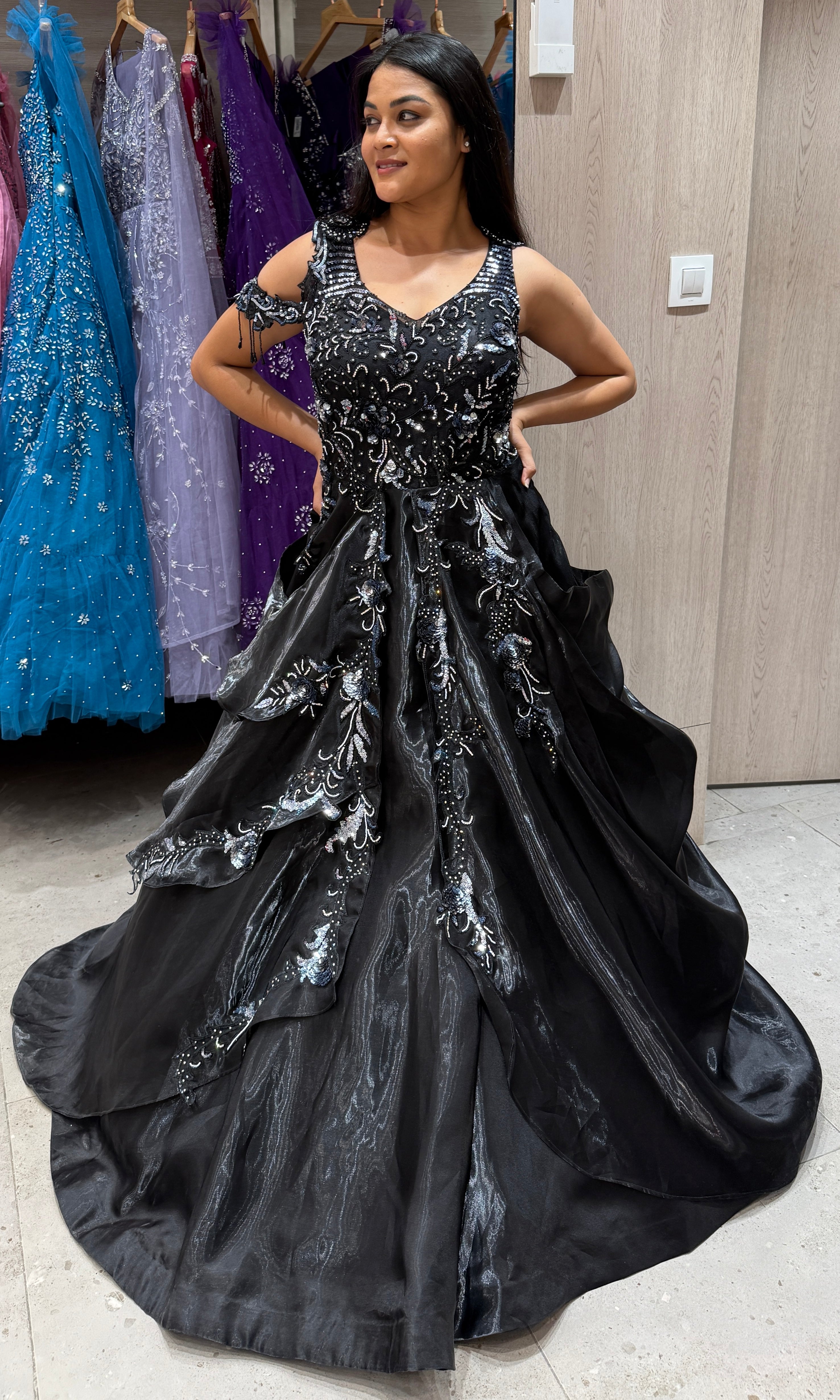 Black Swarovski stone long dress with dramatic ruffles