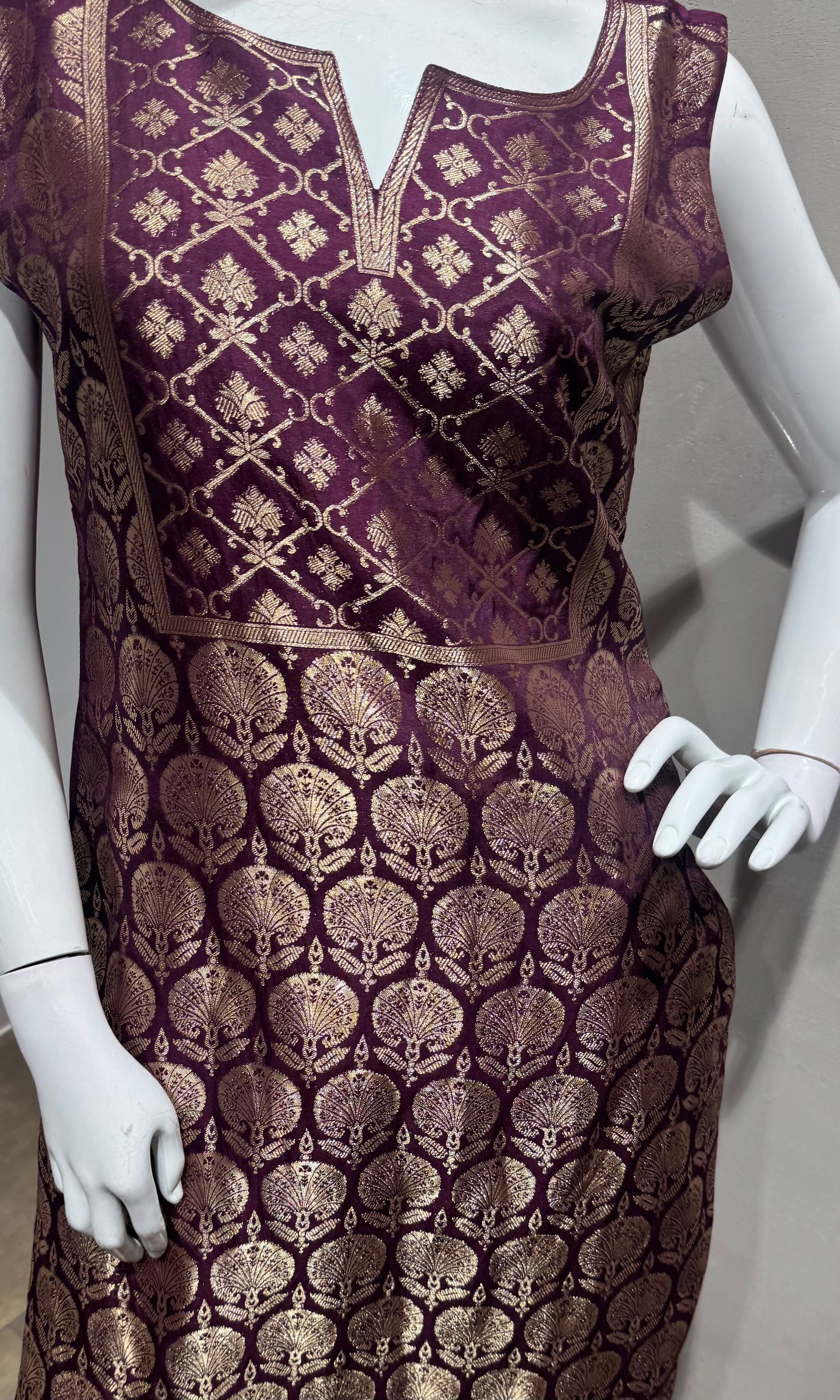Wine golden banarasi kurta set