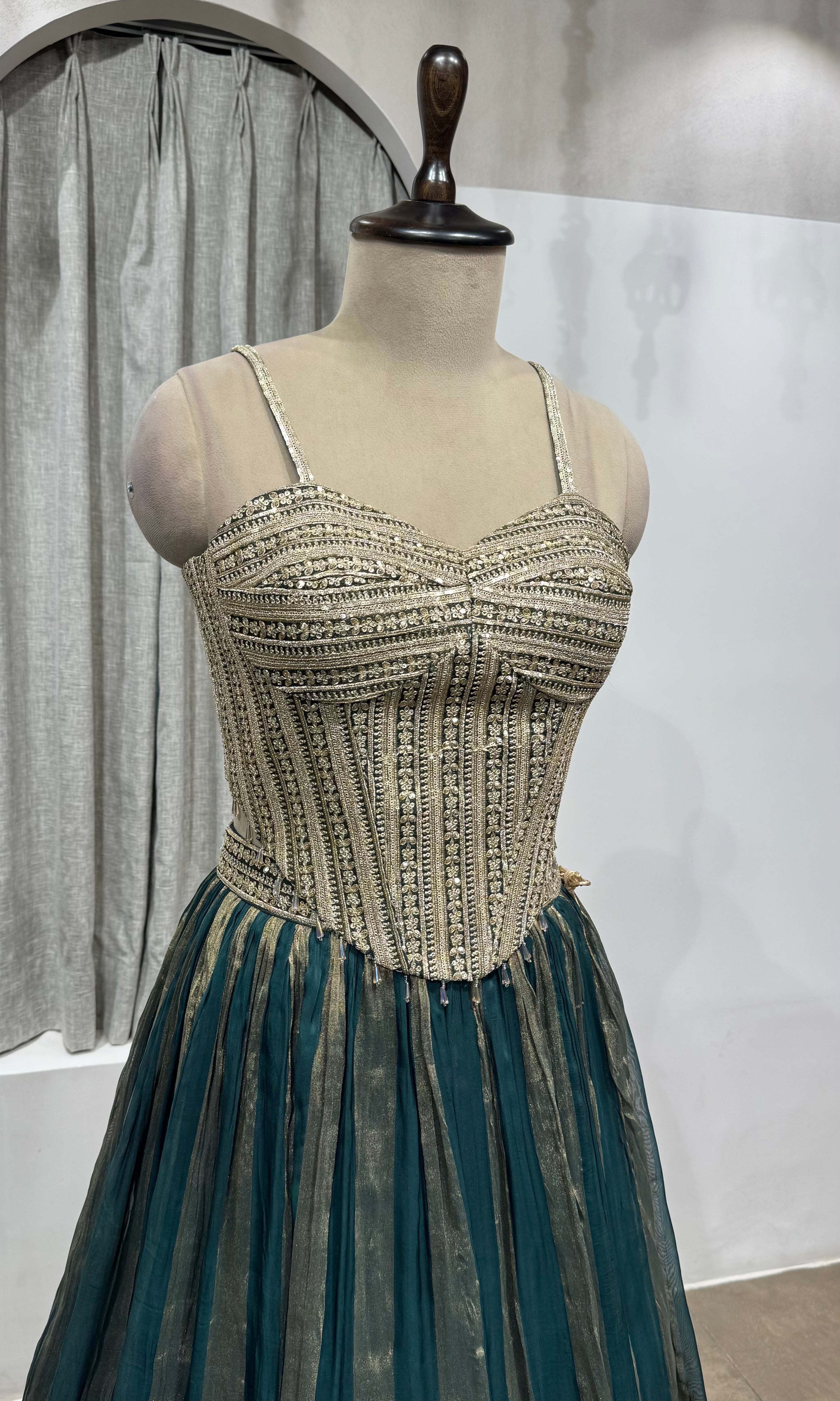 green and gold striped corset lehenga