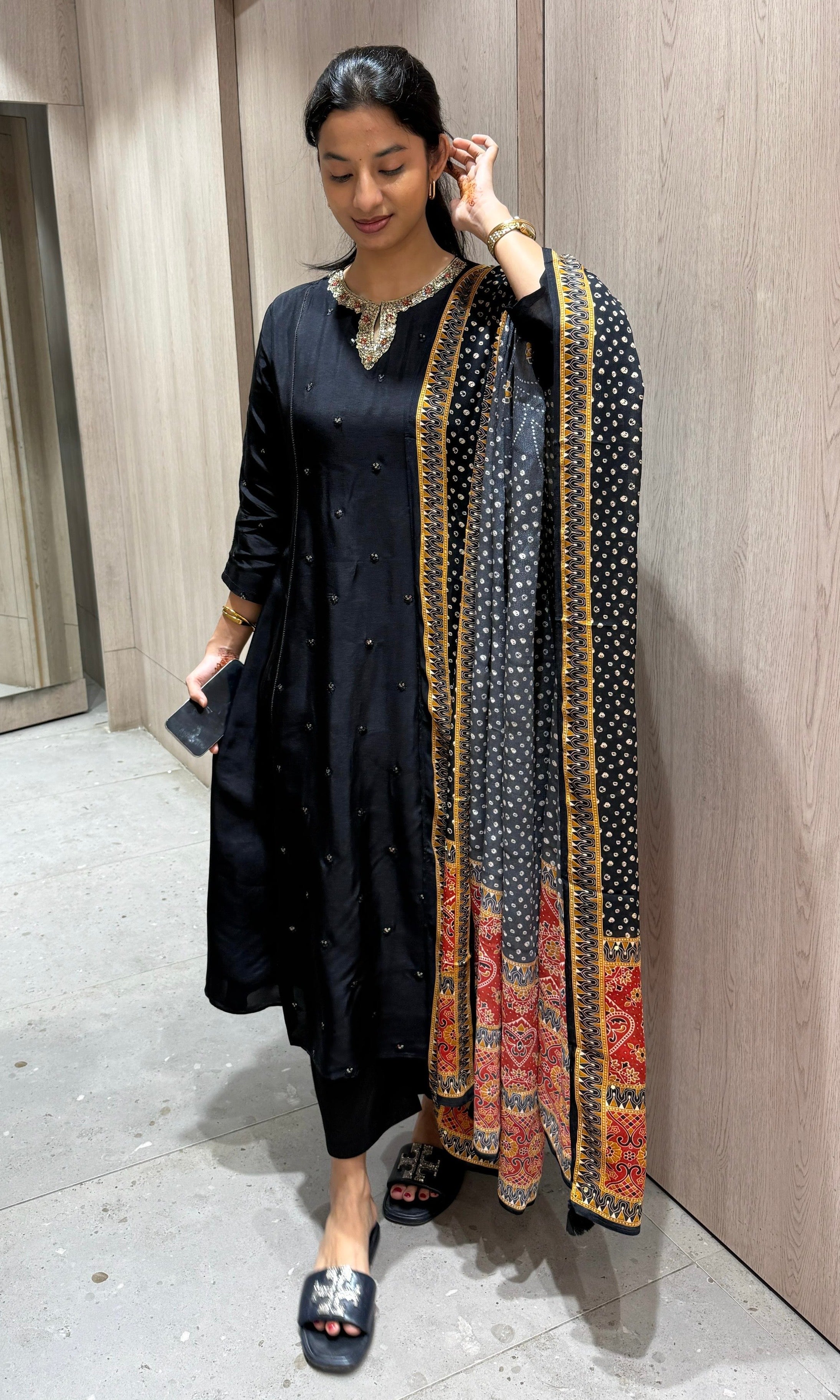 black embroidered neckline kurta set